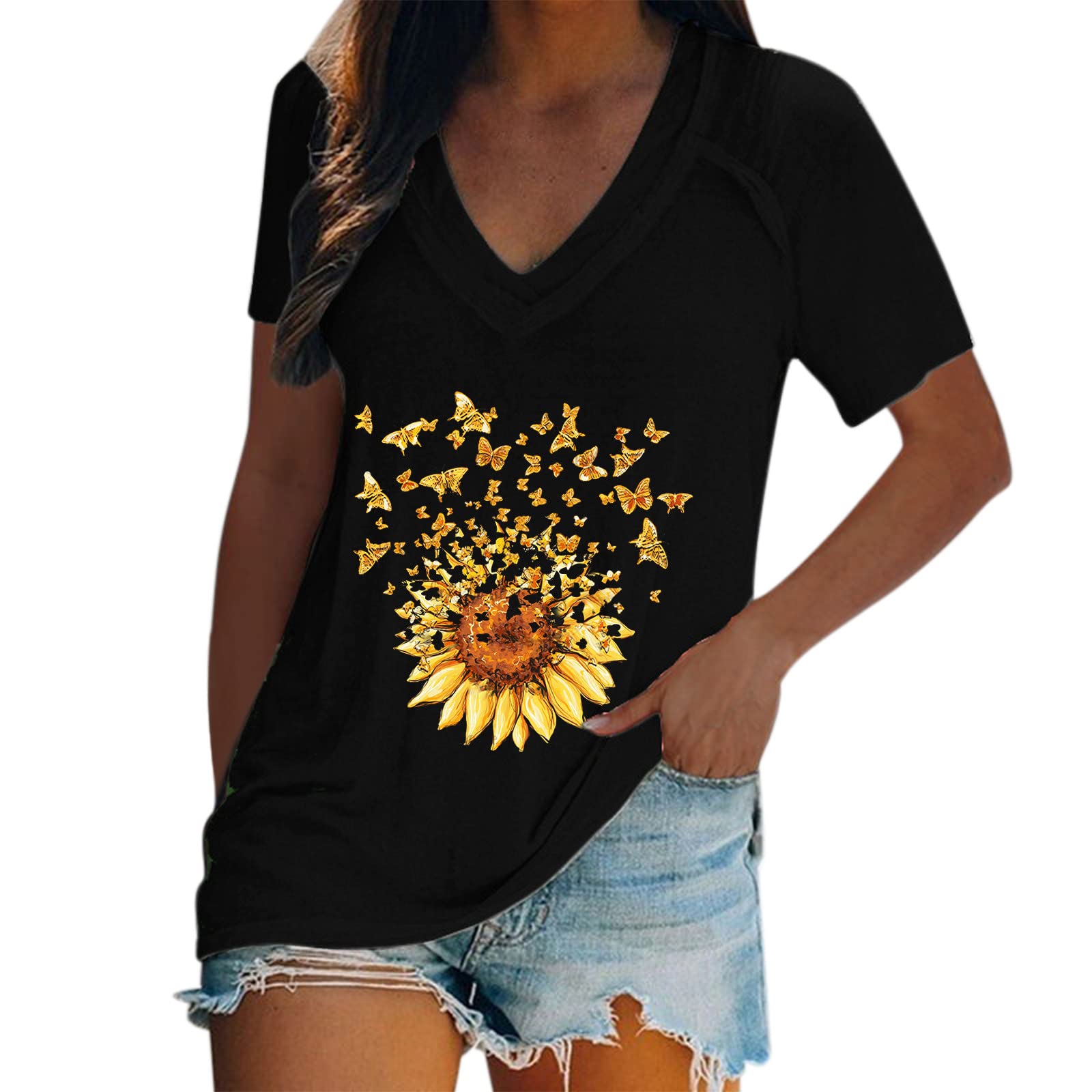 Women's Oversized V-Neck T-Shirt - Casual Loose Short Sleeve Floral Print Top - Soft Polyester Blouse for Summer, Lounge Wear & Everyday Outfits