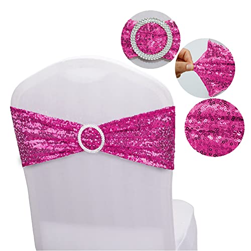 100pcs Sequin Spandex Chair Sashes with Buckle - Stretchable Decorative Bands for Wedding, Banquet, Birthday, Graduation, Party, Anniversary & Prom Decorations (Magenta) - Perfect for Table Setting, Venue Decor, and Event Styling