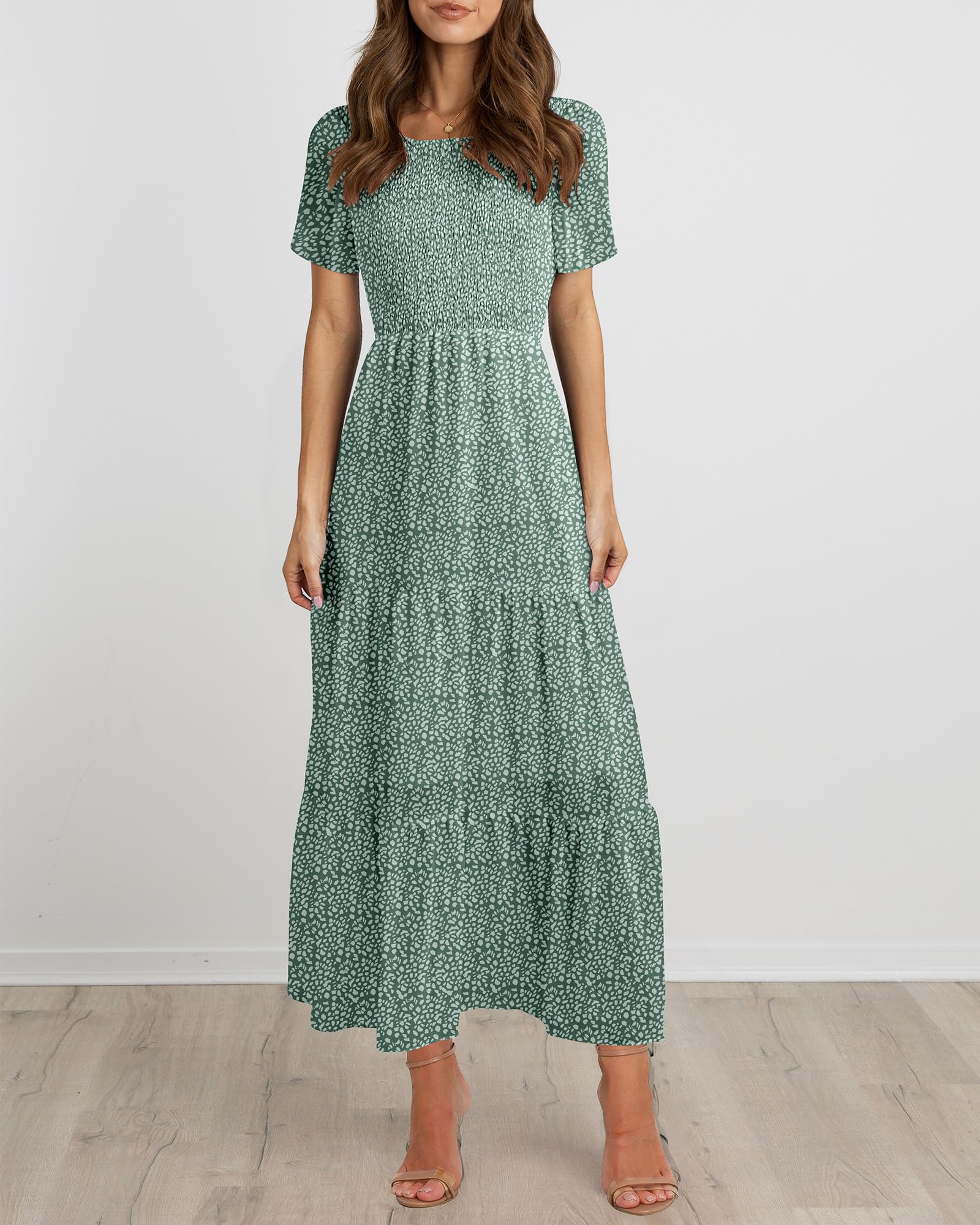 BTFBM Women's Bohemian Floral Print Maxi Dress - Short Sleeve Crew Neck Summer Casual Tiered Flowy Dress for Beach, Vacation & Cocktail Parties