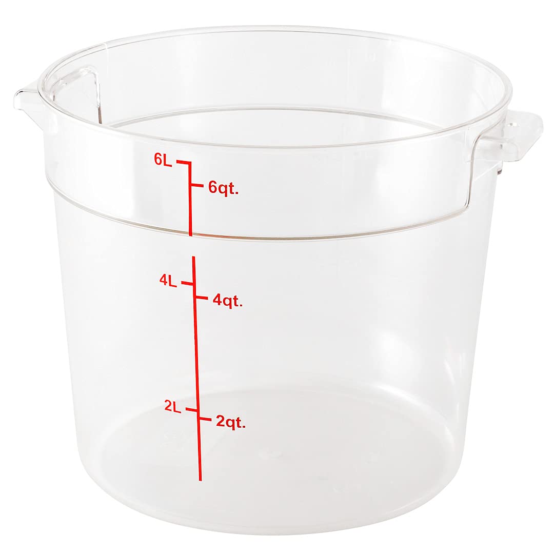 Restaurantware Met Lux 6 Quart Clear Plastic Food Storage Containers - 10 Pack Round Commercial Food Prep Buckets with Volume Markers (Lids Sold Separately) for Kitchen, Restaurant, and Catering Use - Space-Saving Storage Solution