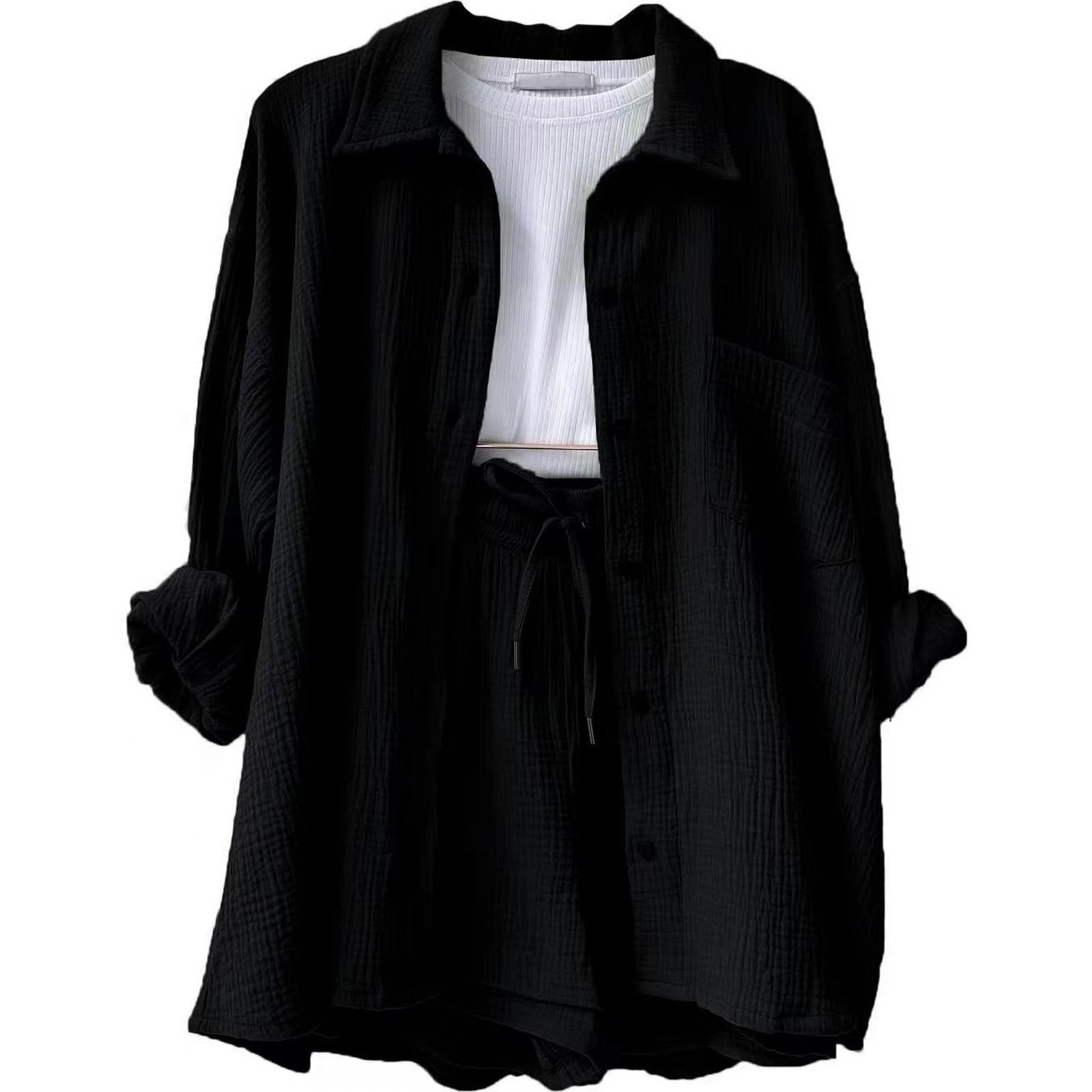 Women's Summer Two Piece Outfits - Button Down Lounge Sets with Tops & Shorts for Beach Vacation, Casual Wear & Relaxing at Home
