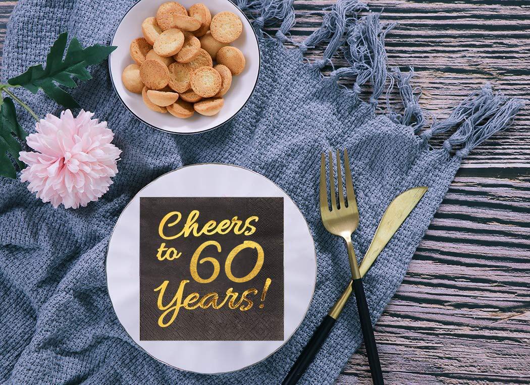 60th Birthday Napkins for Men - 50 Pack Black & Gold 5x5 Inch Disposable Cocktail Napkins - Perfect for 60th Birthday Party Decorations, Anniversary Celebrations & Cocktail Receptions