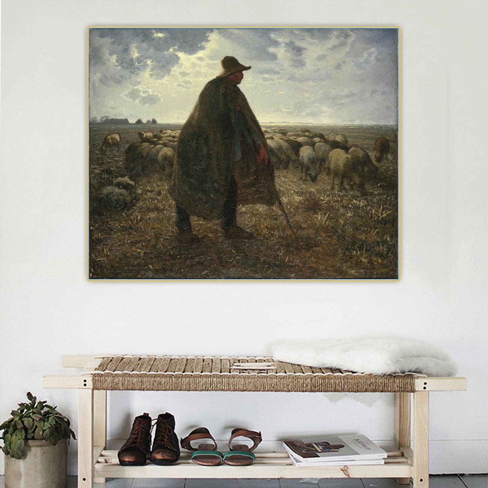 Jean Francois Millet Shepherd Tending His Flock Famous Painting Canvas Wall Art - 80x100cm Framed Oil Reproduction - Perfect for Bedroom, Living Room & Office Decor