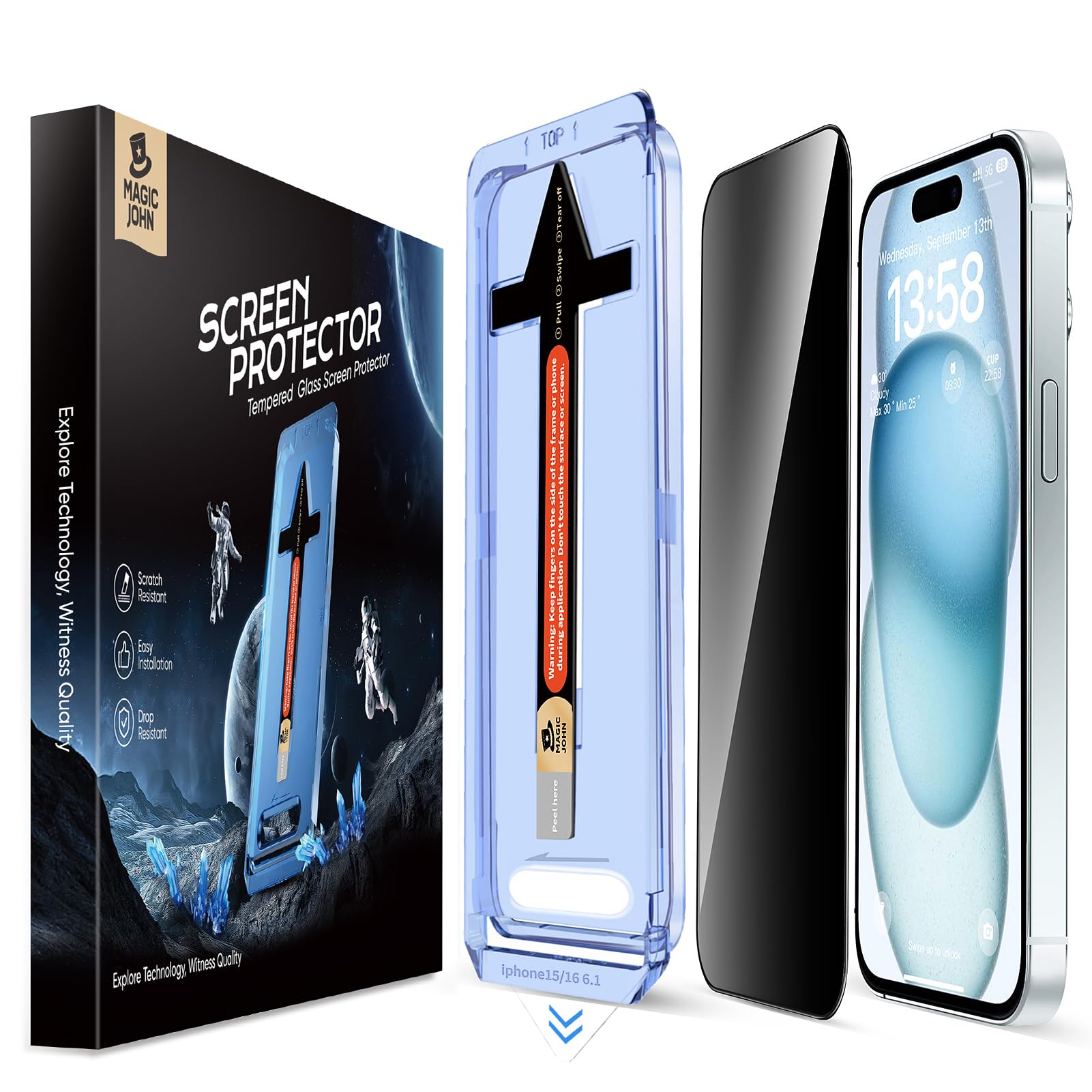 2 Pack MAGIC JOHN Privacy Tempered Glass Screen Protector for iPhone 15 6.1 Inch - Auto Dust Removal, Bubble-Free, Easy Installation - Perfect for Work, Travel & Everyday Protection