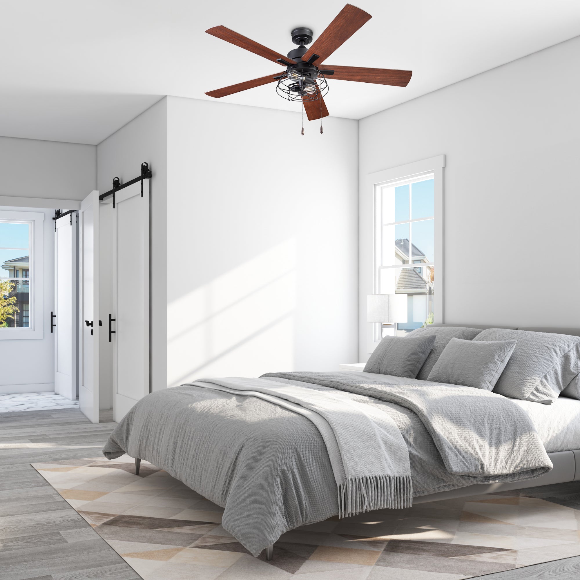52 Inch Matte Black Ceiling Fan with Pull Chain - Marshall Style - Perfect for Living Room, Bedroom, and Outdoor Patio