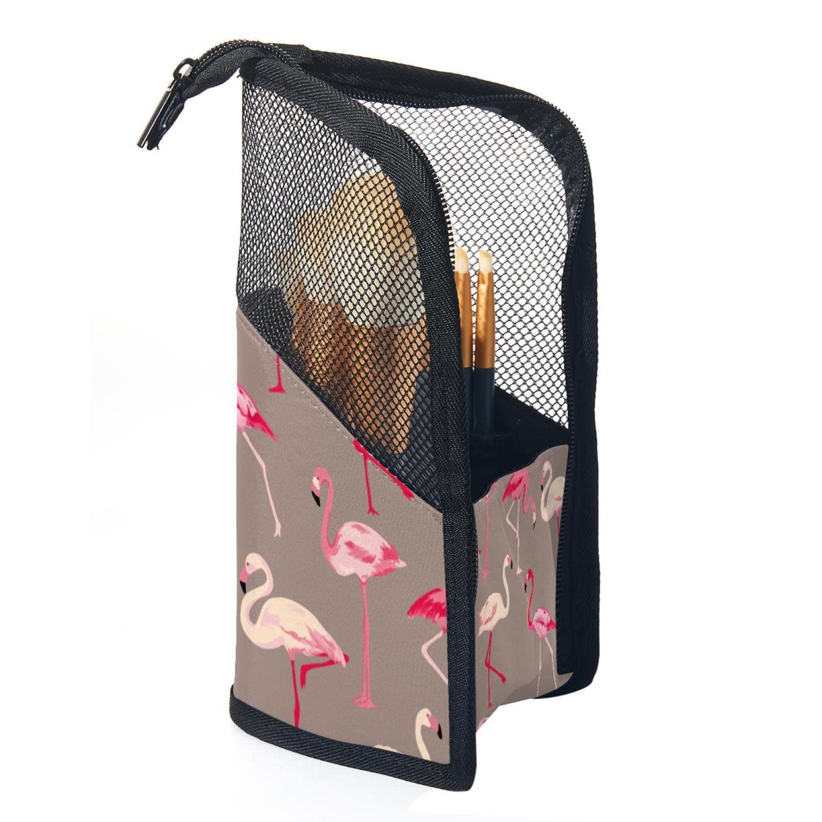 Professional Makeup Brush Holder Organizer with 12 Cosmetic Brushes - Flamingo Stand-up Storage Pouch & Travel Cup for Women & Girls | Perfect for Home Vanity, Travel Makeup Kit & Artist Storage