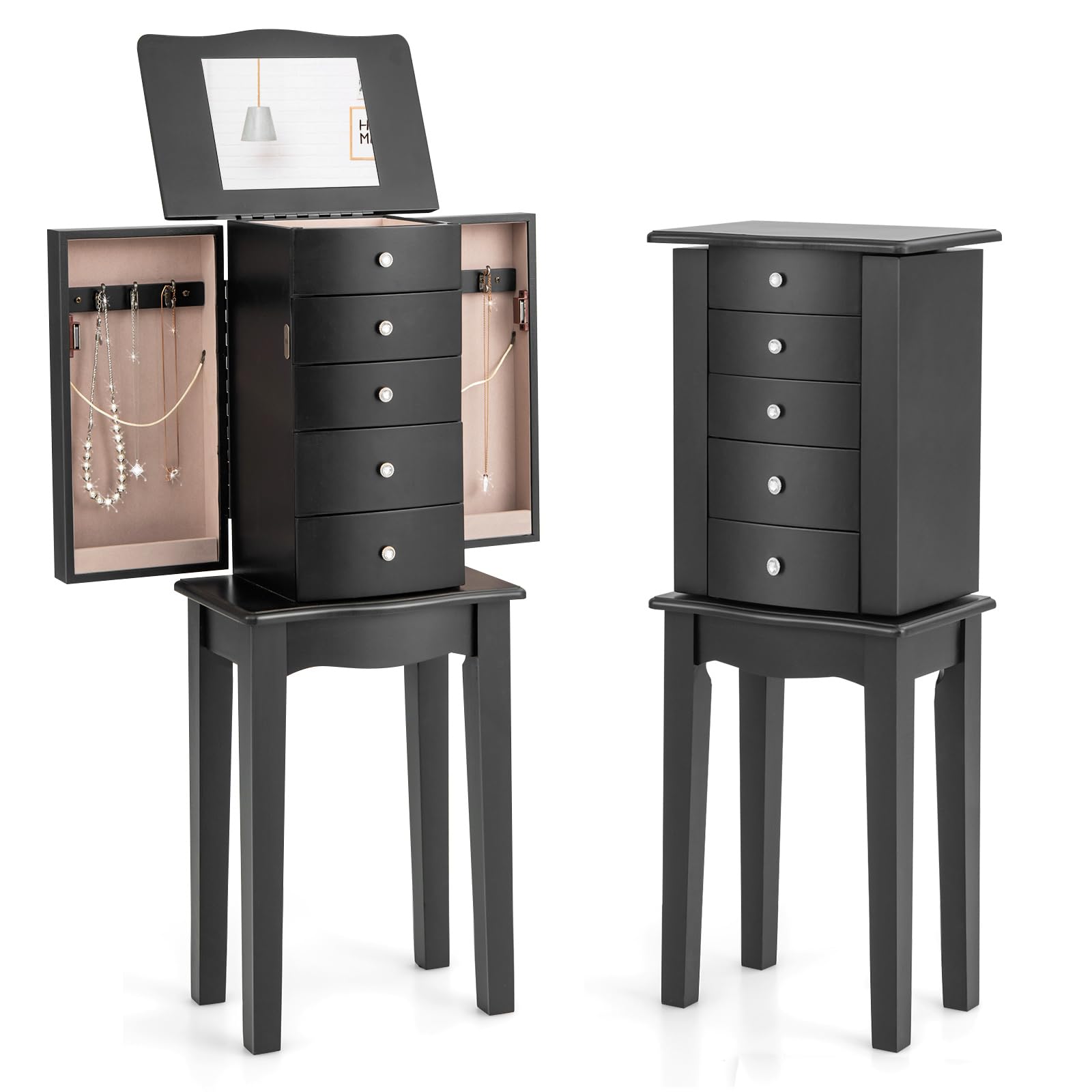 Giantex 4-Drawer Jewelry Cabinet with Flip-Up Mirror & Storage Tray - Jewelry Armoire Organizer with Ring Slots, Necklace Hooks & Side Doors - Black Standing Jewelry Chest for Bedroom, Closet & Dressing Room