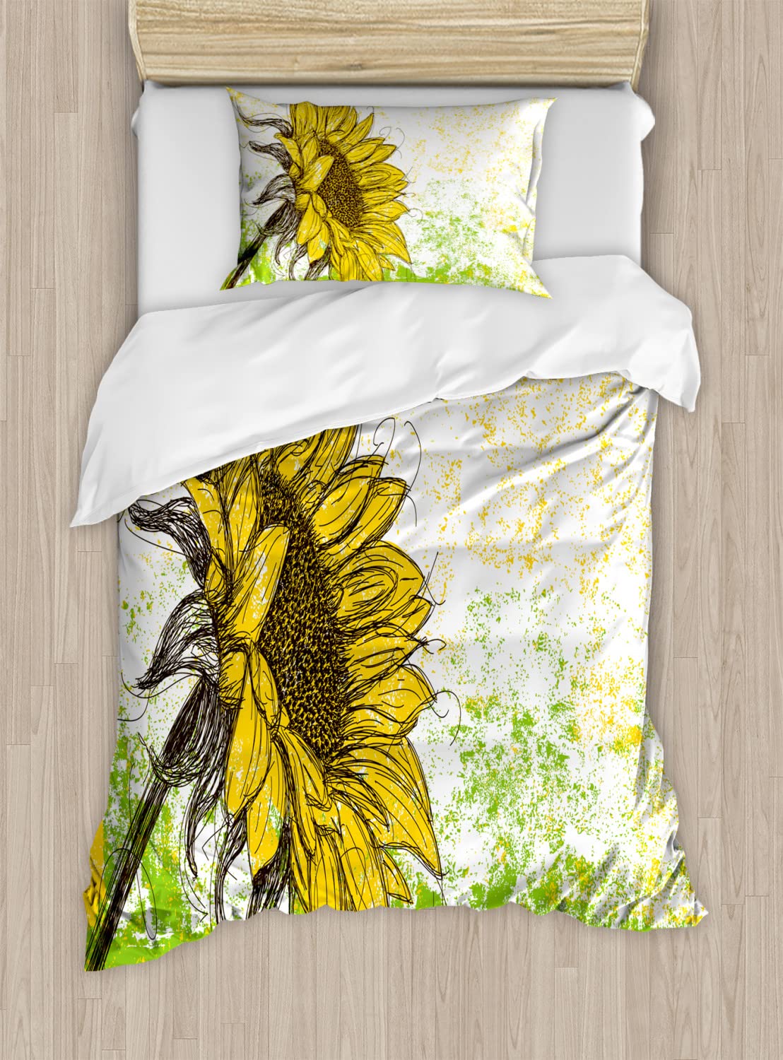 Ambesonne Floral Duvet Cover Set - Sunflower Field Abstract Design, Twin Size 2-Pack with 2 Duvet Covers & Pillowcases, Yellow Green Summer Garden Bedding | Perfect for Guest Rooms, Dorm Decor & Bohemian Style Bedrooms