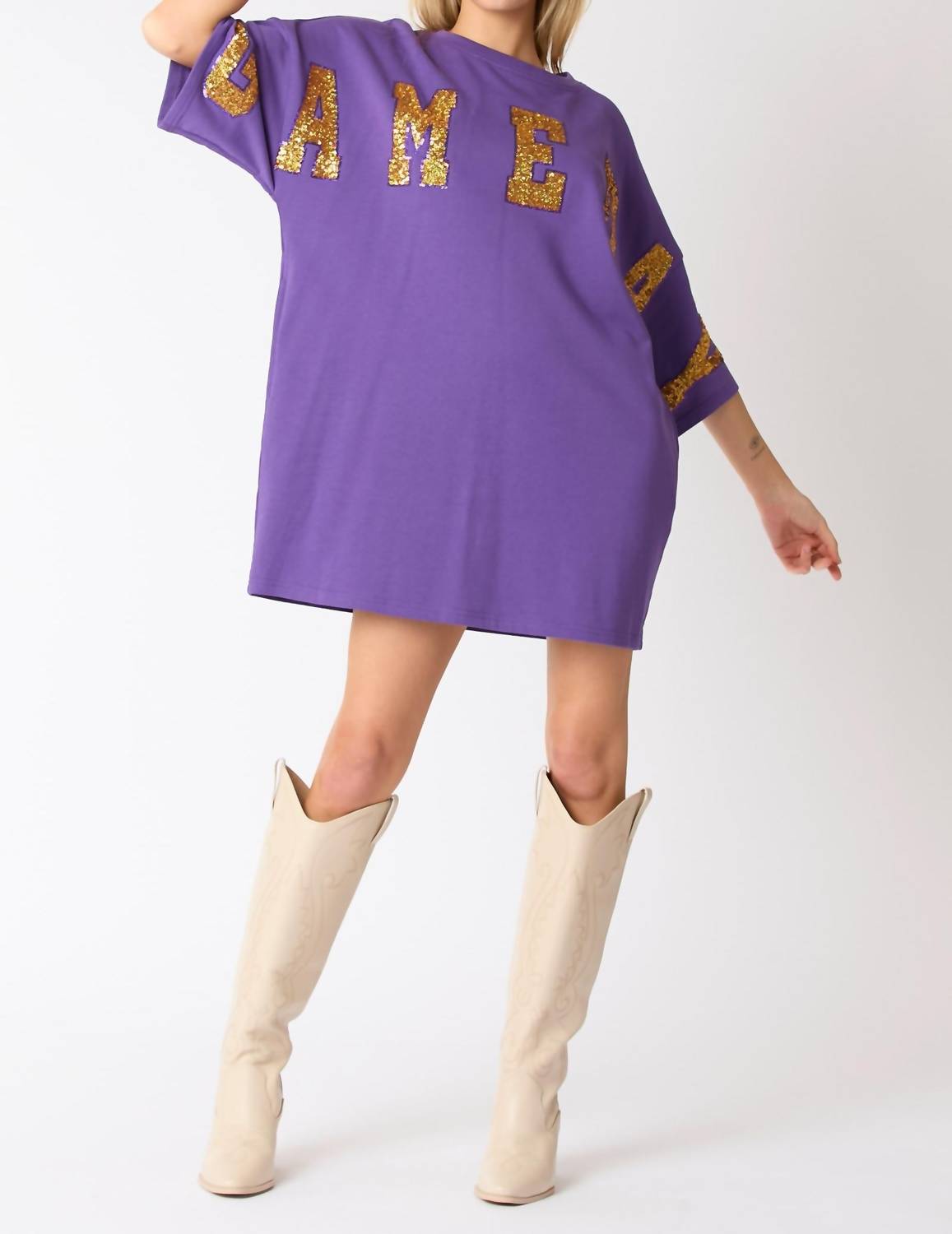 Gameday Sequins Embroidery Tee Dress in Purple | Sparkling Party Outfit for Women | Perfect for Football Games, Night Out & Special Events