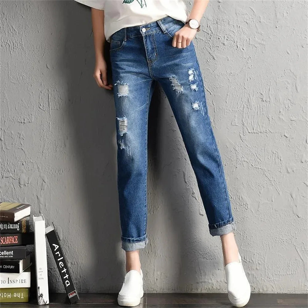 Trendy Women's Mid Waist Boyfriend Jeans with Ripped Holes - Vintage Y2K High Street Denim Pants for Casual Wear | Perfect for Street Style, Date Nights & Everyday Fashion