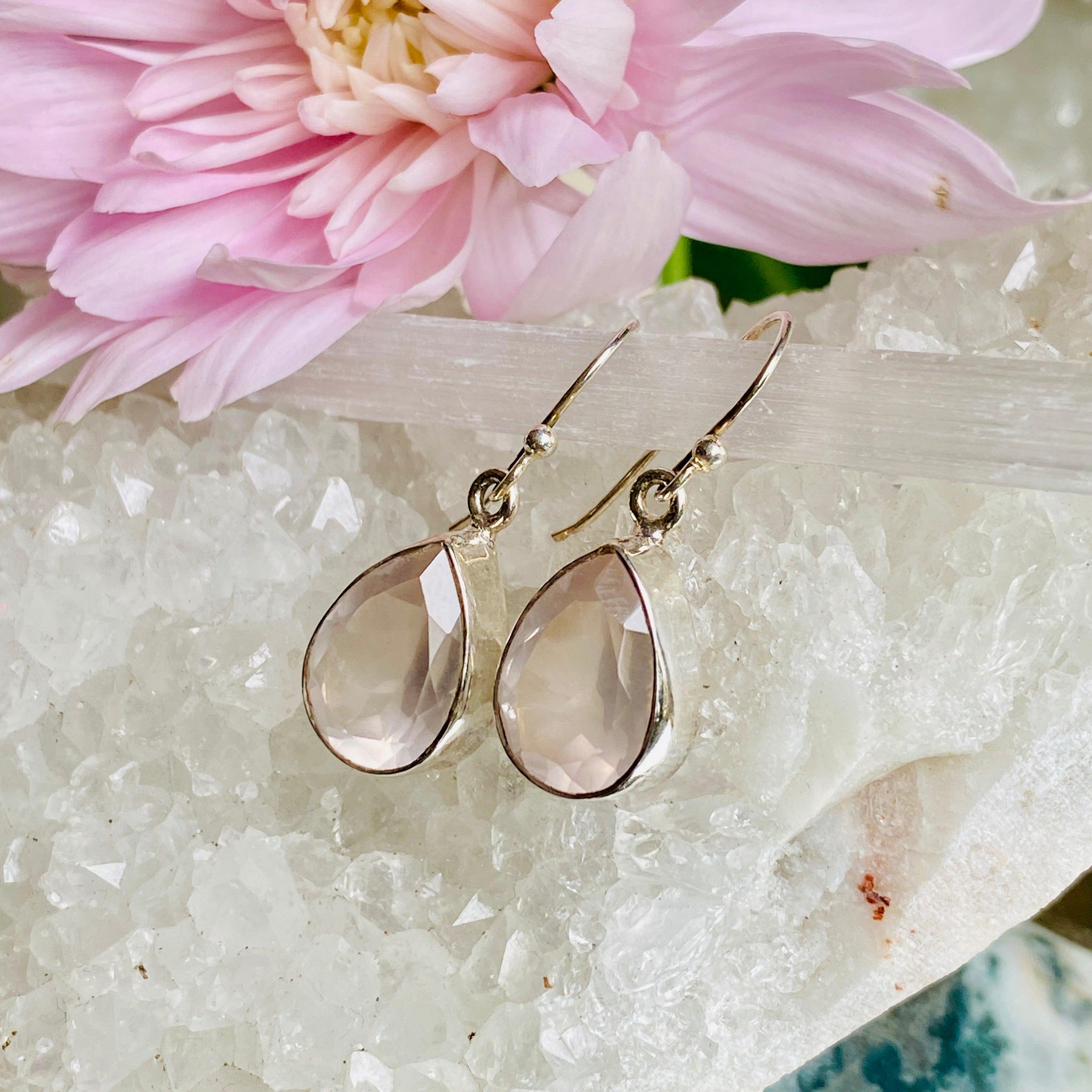 Rose Quartz Faceted Teardrop Earrings for Women - Dainty Crystal Drop Earrings for Everyday Wear, Gift Giving & Special Occasions