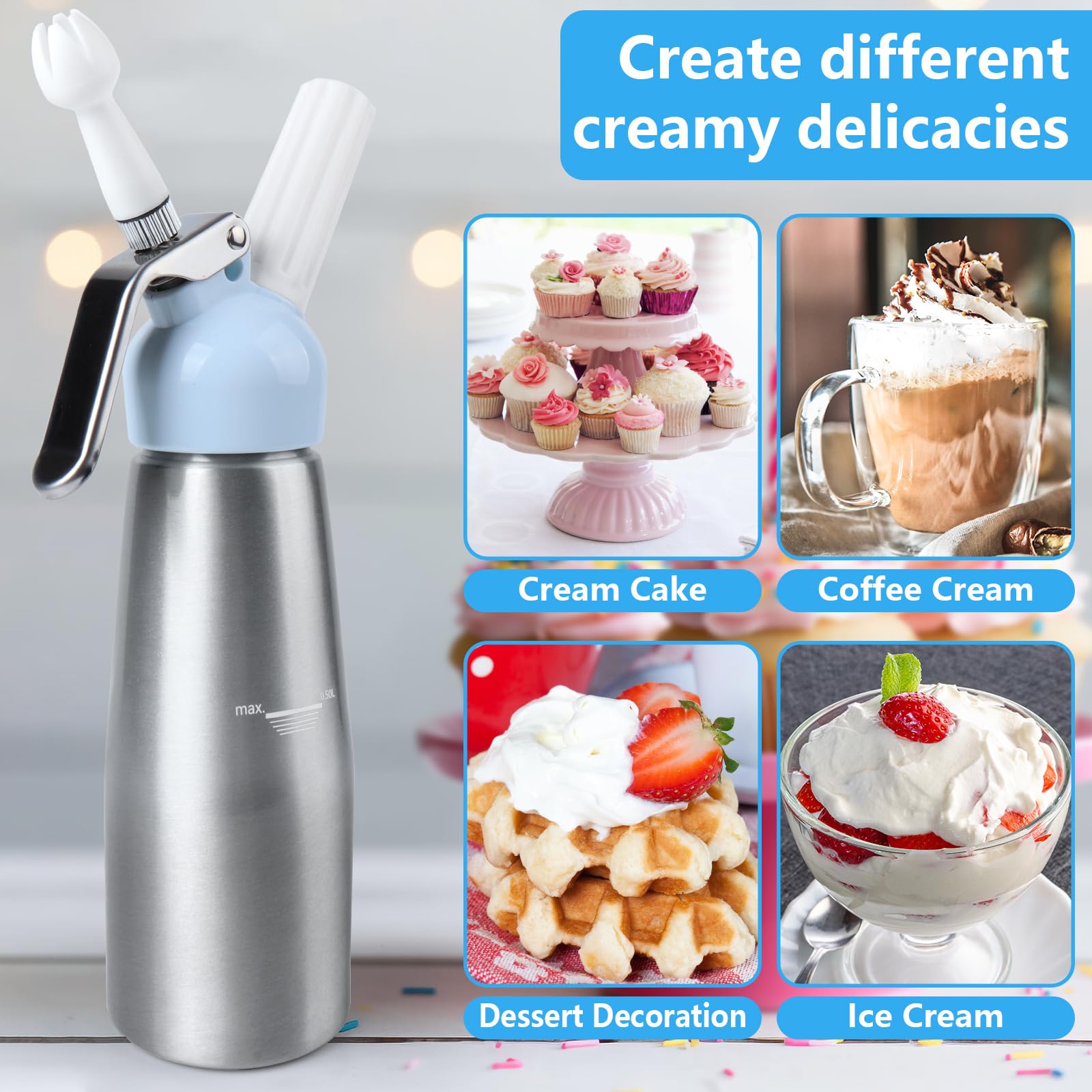Professional Whipped Cream Dispenser Charger - 1 Pint (500ml) Aluminum Cream Maker with 3 Decorating Tips & Cleaning Brush - Perfect for Desserts, Coffee Toppings & Party Decorations
