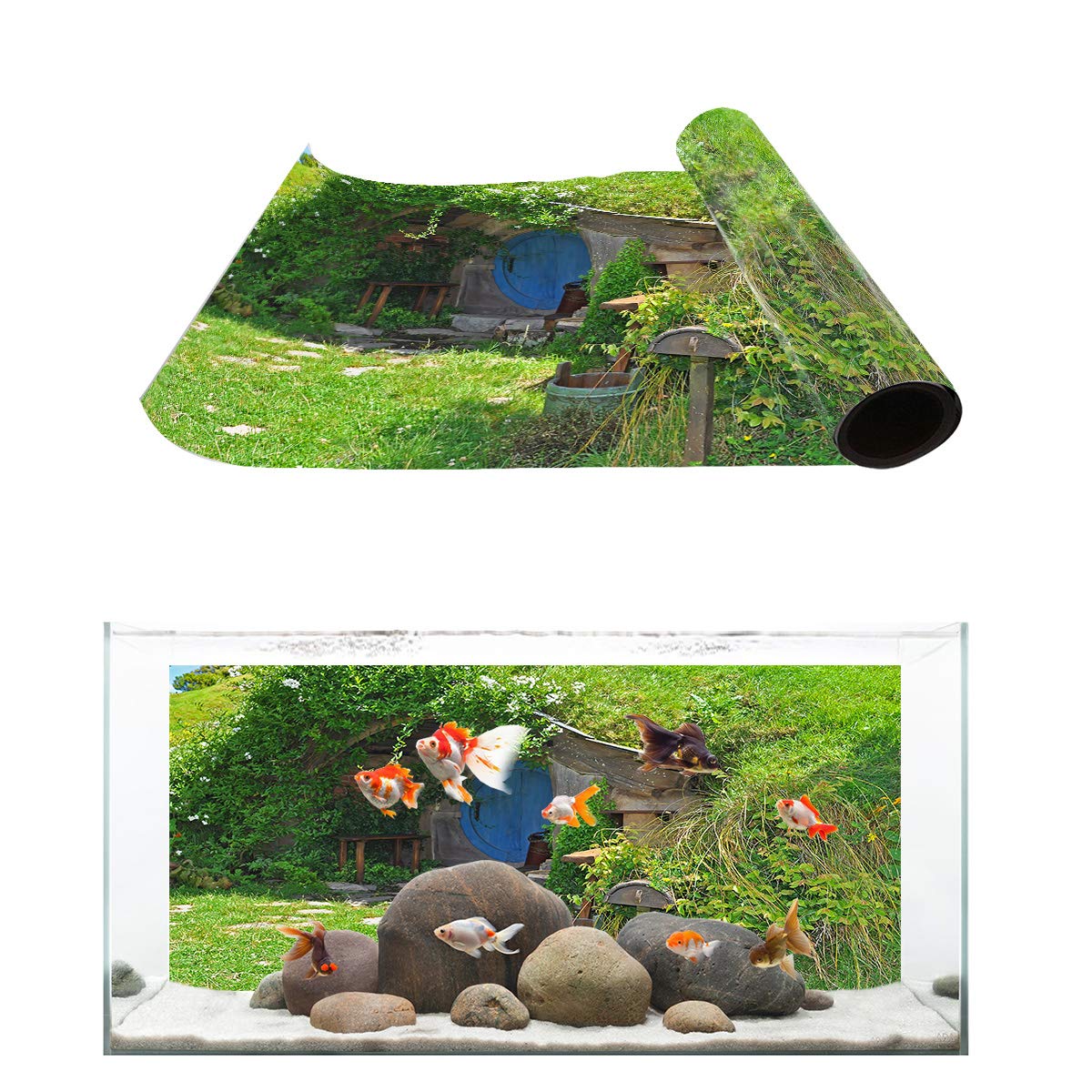 Hobbit Village Aquarium Backdrop Sticker - PVC Adhesive Decal for Fish Tank Decoration