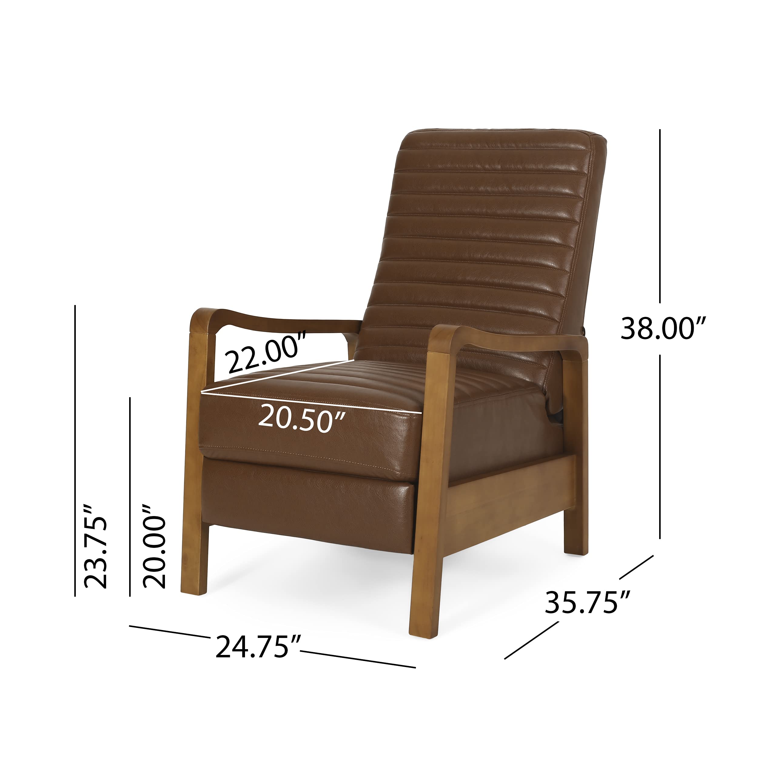 Christopher Knight Home Munro Channel Stitch Pushback Recliner - Cognac Brown/Teak Leather Reclining Chair for Living Room, Home Theater & Office Comfort