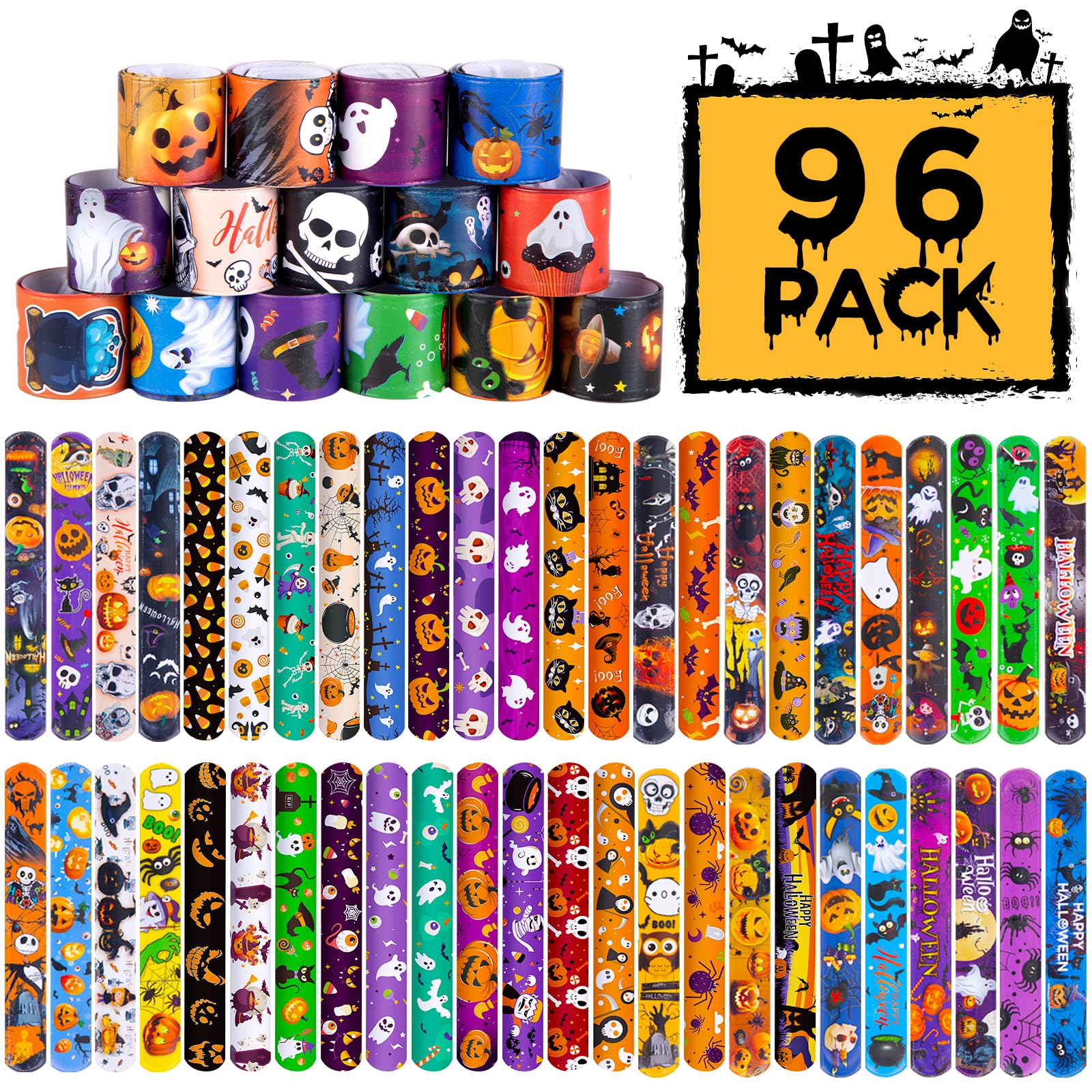 96PCS Halloween Slap Bracelets for Kids - Bulk Party Favors, Trick or Treat Goodie Bag Stuffers, Fun Halloween Wristbands for Classroom Prizes & Costume Accessories