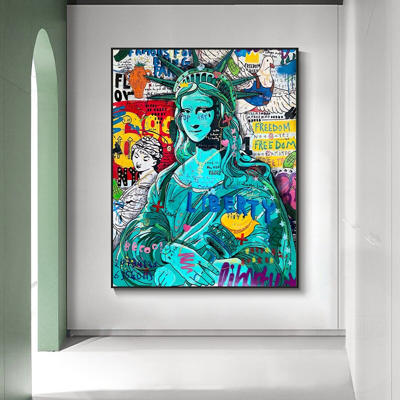 Pop Graffiti Art Statue of Liberty Canvas Wall Art - Modern Home Decor for Living Room, Bedroom & Office - American Flag Themed Wall Painting for Urban Style Interiors