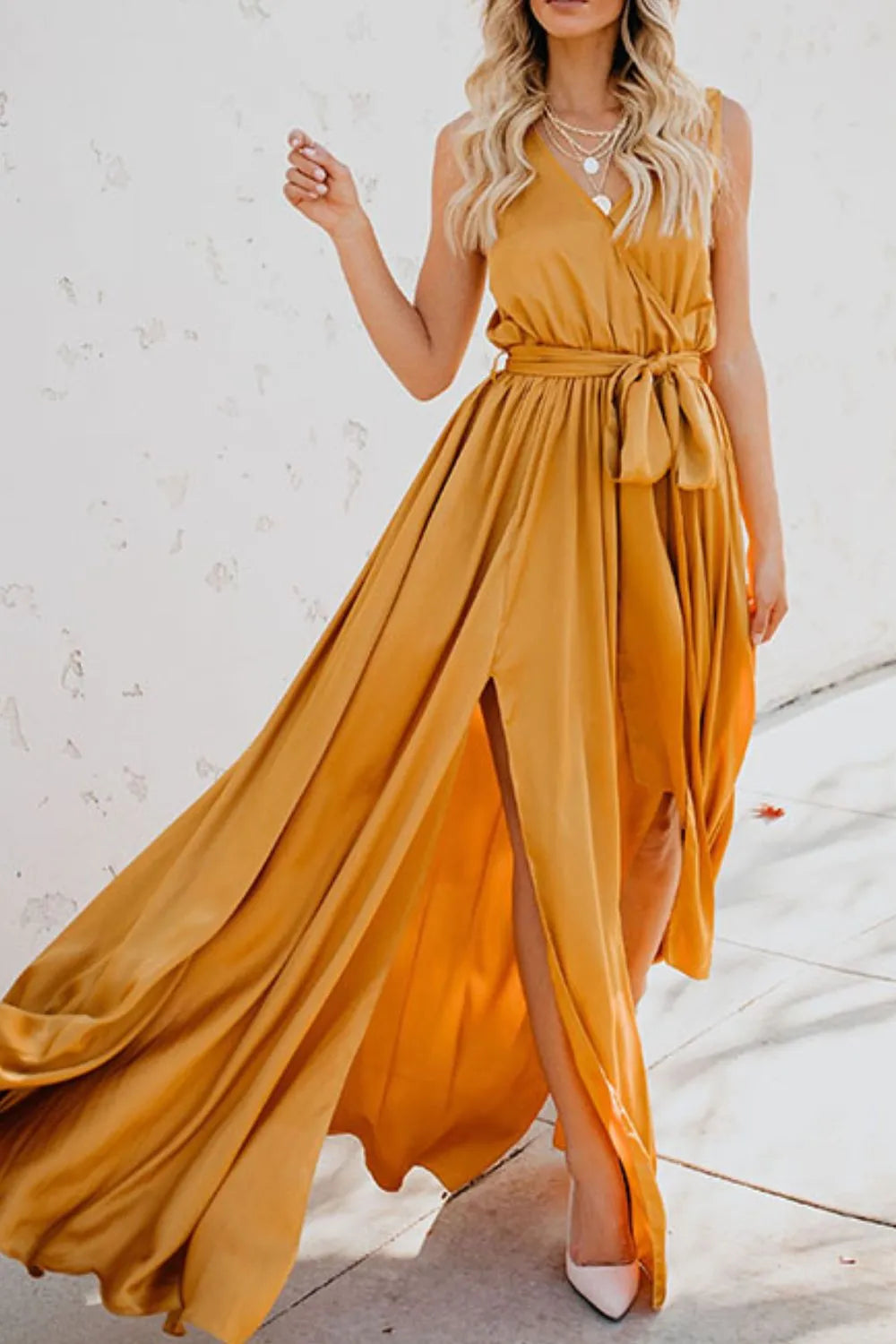Elegant Tie Waist Maxi Resort Dress for Women - Flowy Summer Beach Dress with Side Slits | Perfect for Vacations, Weddings & Tropical Getaways