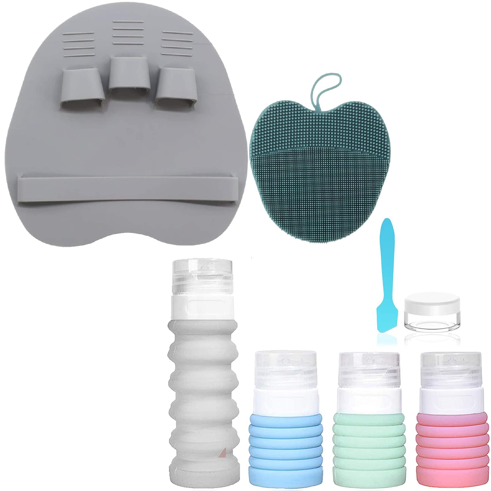 HOMMIESAFE Travel Bottle Set - 4 Pack Food Grade Silicone Refillable Containers with Soft Shower Brush for Body Wash, Bath & Exfoliating Skin Massage | Perfect for Air Travel, Gym, Camping & Vacation Toiletries