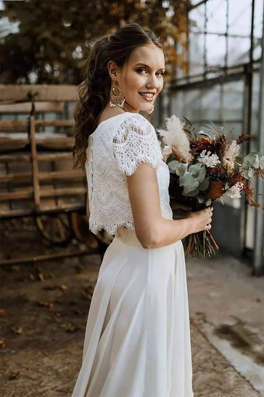 2-Piece Boho Wedding Dress Set - Lace Short Sleeve Elegant High-Low Beach Wedding Gowns for Bride, Outdoor Ceremony & Destination Weddings