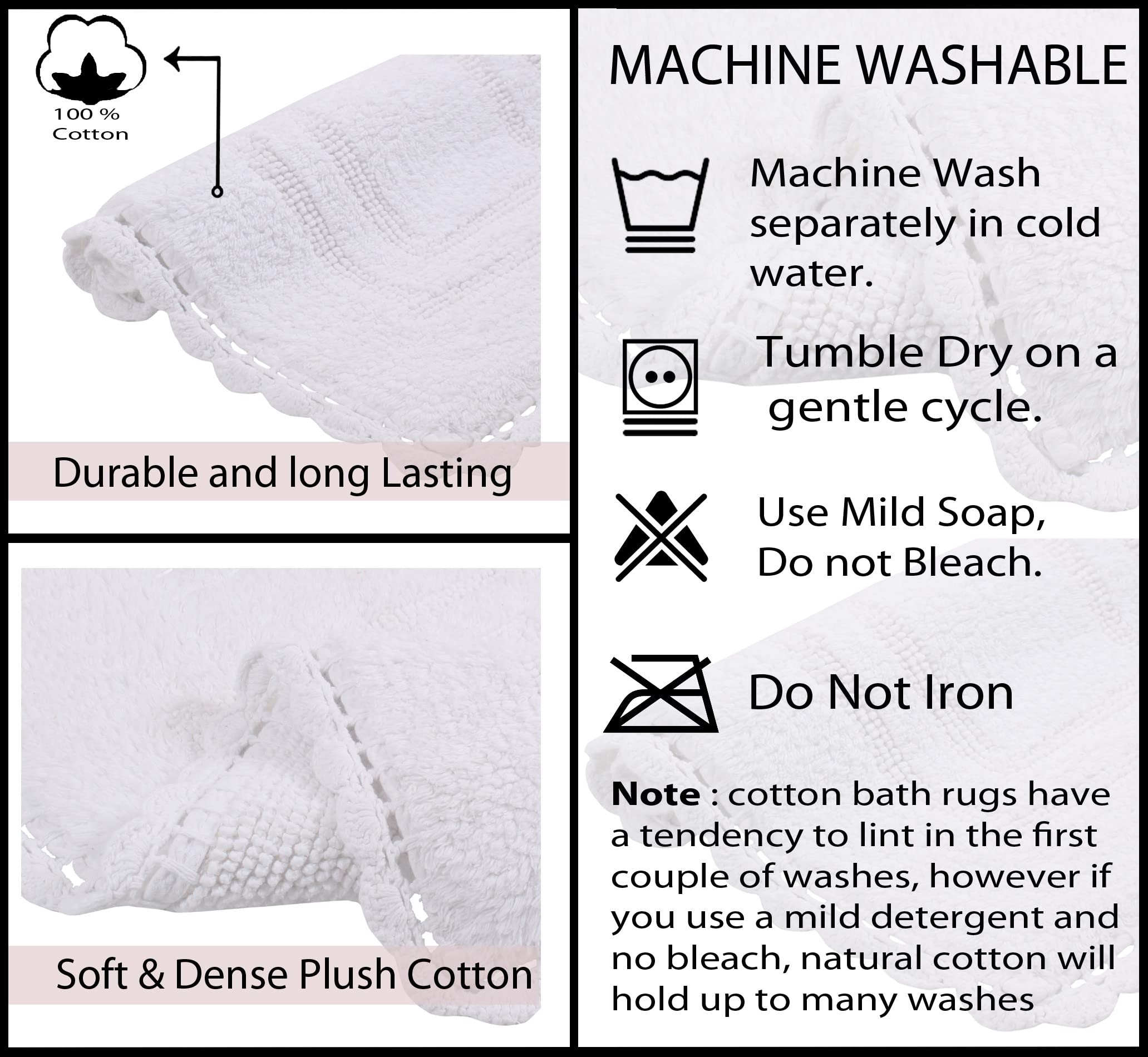 Home Weavers Reversible 100% Cotton Bath Mat Set - Ultra Soft Absorbent Non-Slip Bathroom Rug & Kitchen Mat (17x24 Inch, White) - Perfect for Bathroom Floor, Shower Exit & Sink Area