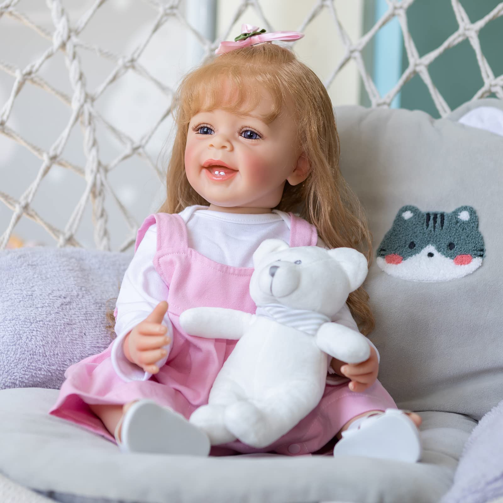 22 Inch Realistic Silicone Baby Doll - Lifelike Blonde Girl with Long Hair & Teeth, Pink Outfit - Perfect Gift for Kids Birthday, Role Play, Nursery Decor & Emotional Development