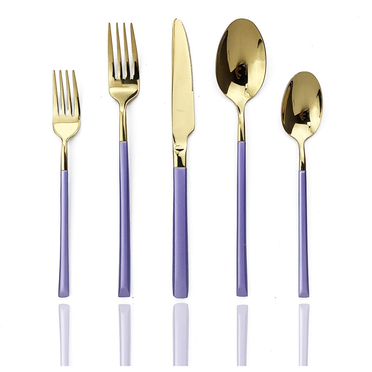 JASHII 5-Piece Modern Silverware Set - 18/10 Stainless Steel Elegant Flatware with Square Edge - Mirror Polished & Dishwasher Safe (Purple Gold) - Perfect for Dining, Gifts & Kitchen Essentials