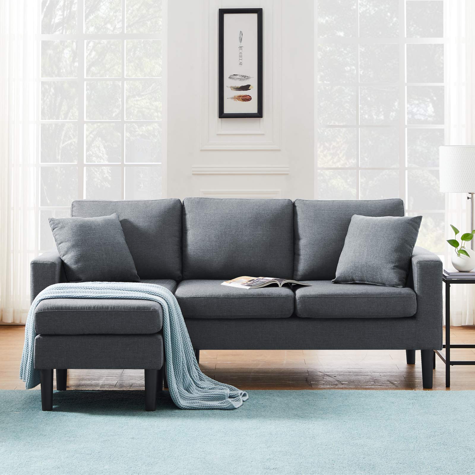 Sun Yoba Left Hand Facing Sectional Sofa with 2 Pillows - Dark Grey Fabric Upholstered Living Room Couch for Modern Home & Apartment Decor