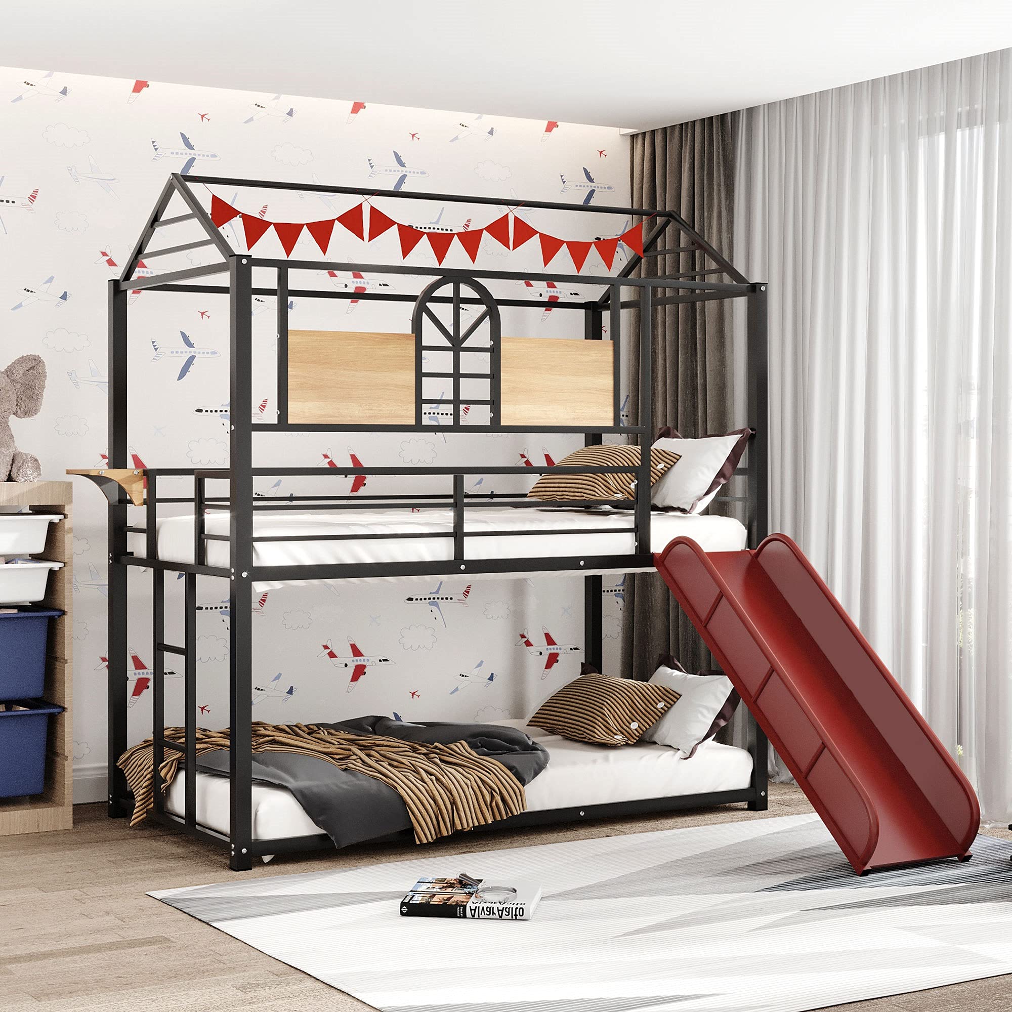 Twin Over Twin Metal Bunk Bed with Slide, Ladder & Side Shelf - Kids Club House Loft Bed in Black & Red - No Box Spring Needed - Perfect for Kids' Bedrooms, Playrooms & Sleepovers