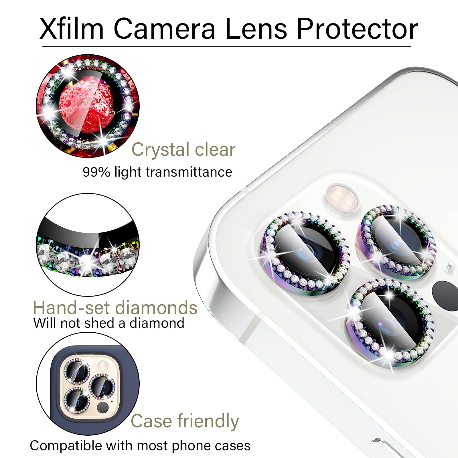 Xfilm iPhone 12 Pro Max Camera Lens Protector - 9H Hardness Scratchproof Cover with Bling Diamond Ring, Stylish Case-Friendly Phone Accessories (For iPhone 12 Pro Max) - Perfect for Daily Use, Travel & Photography Protection