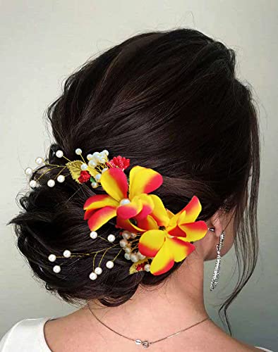 Floral Leaf and Stone Design Hairpin for Women & Girls | Elegant Hair Clip Accessory | Perfect for Weddings, Parties & Everyday Wear - Red & Yellow (Style 2337)
