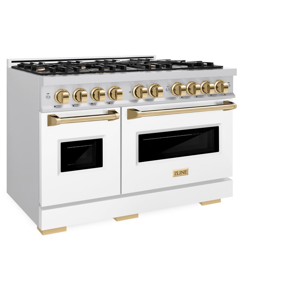 ZLINE Autograph Edition 48-inch 6.7 cu. ft. Classic Double Oven Dual Fuel Range with 8-Burner Gas Cooktop - Stainless Steel with White Matte Doors & Polished Gold Accents (CDRZ WM 48 G) - Perfect for Professional Kitchens & Luxury Home Cooking
