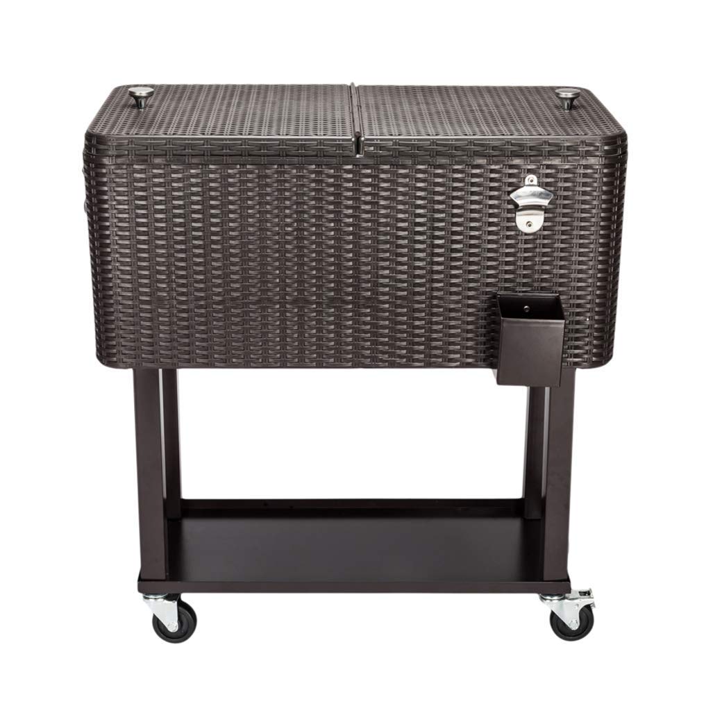 80QT Rattan Square Legs Cooler with Shelf - Portable Patio Party Bar Drink Cart for Beverage & Pool Storage, Brown - Ideal for Outdoor Gatherings & Beach Days