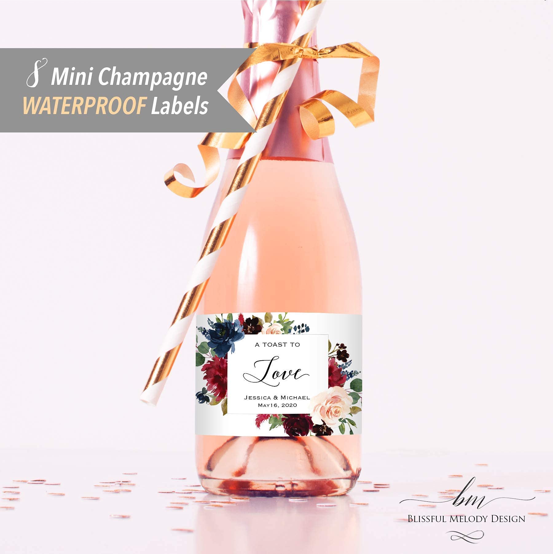 Custom Waterproof Mini Champagne Bottle Labels - Personalized Wedding, Anniversary, Bridal Shower & Birthday Party Stickers in Burgundy Navy Blue Floral Design | Perfect for Romantic Celebrations & Special Occasions