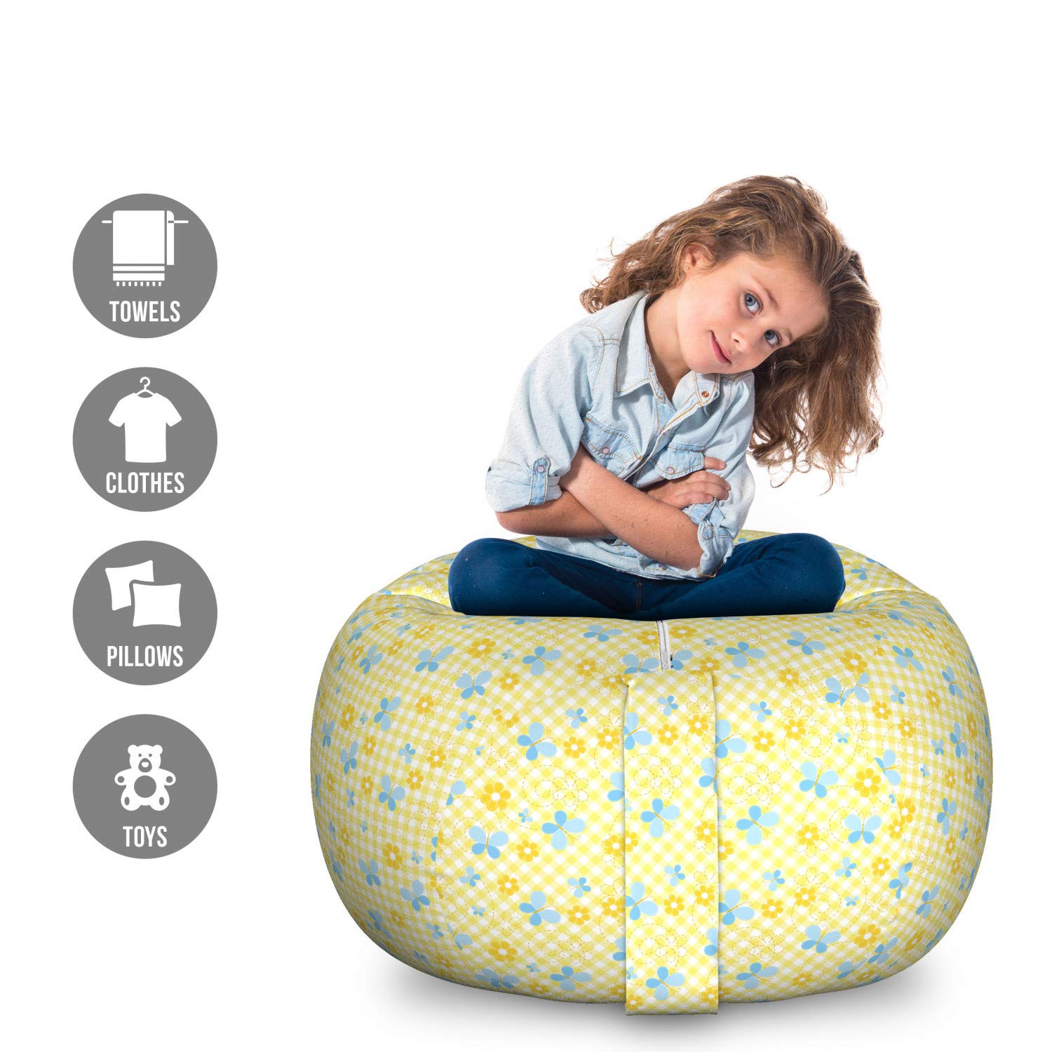 Ambesonne Large Checkered Toy Storage Bag Chair - Daisy Flower & Butterflies Pattern, Washable Stuffed Animal Organizer, Pale Blue - Perfect for Kids' Room, Nursery, or Playroom Organization