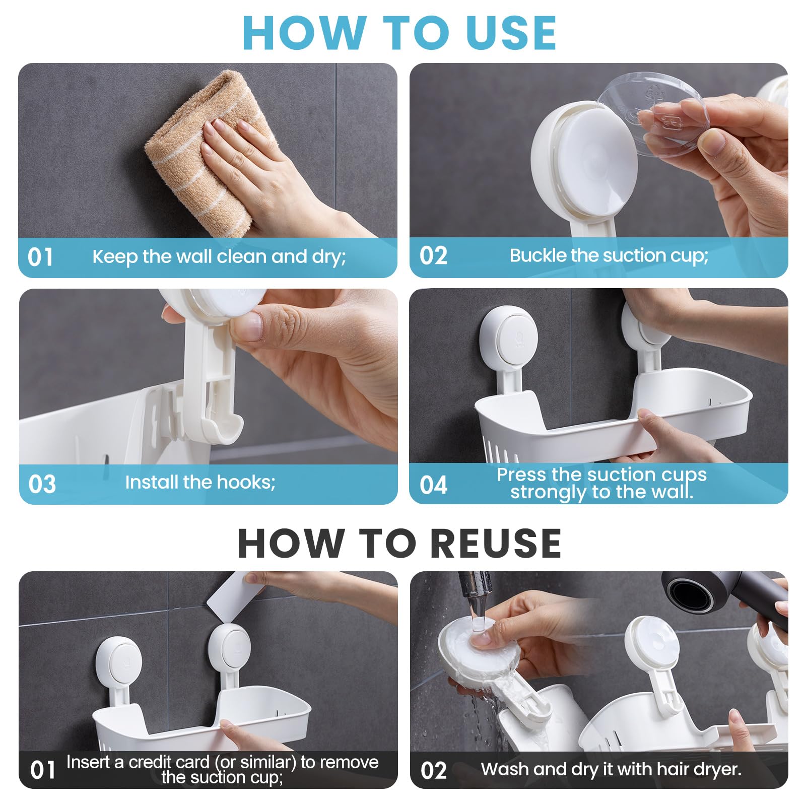 LEVERLOC Shower Caddy with 4 Hooks - 2 Pack Suction Cup Bathroom Shelf - No Drill Plastic Wall Mounted Storage Organizer - Quick 1 Second Installation, Removable & Reusable - Perfect for Small Bathrooms, Apartments, Dorms, and RVs