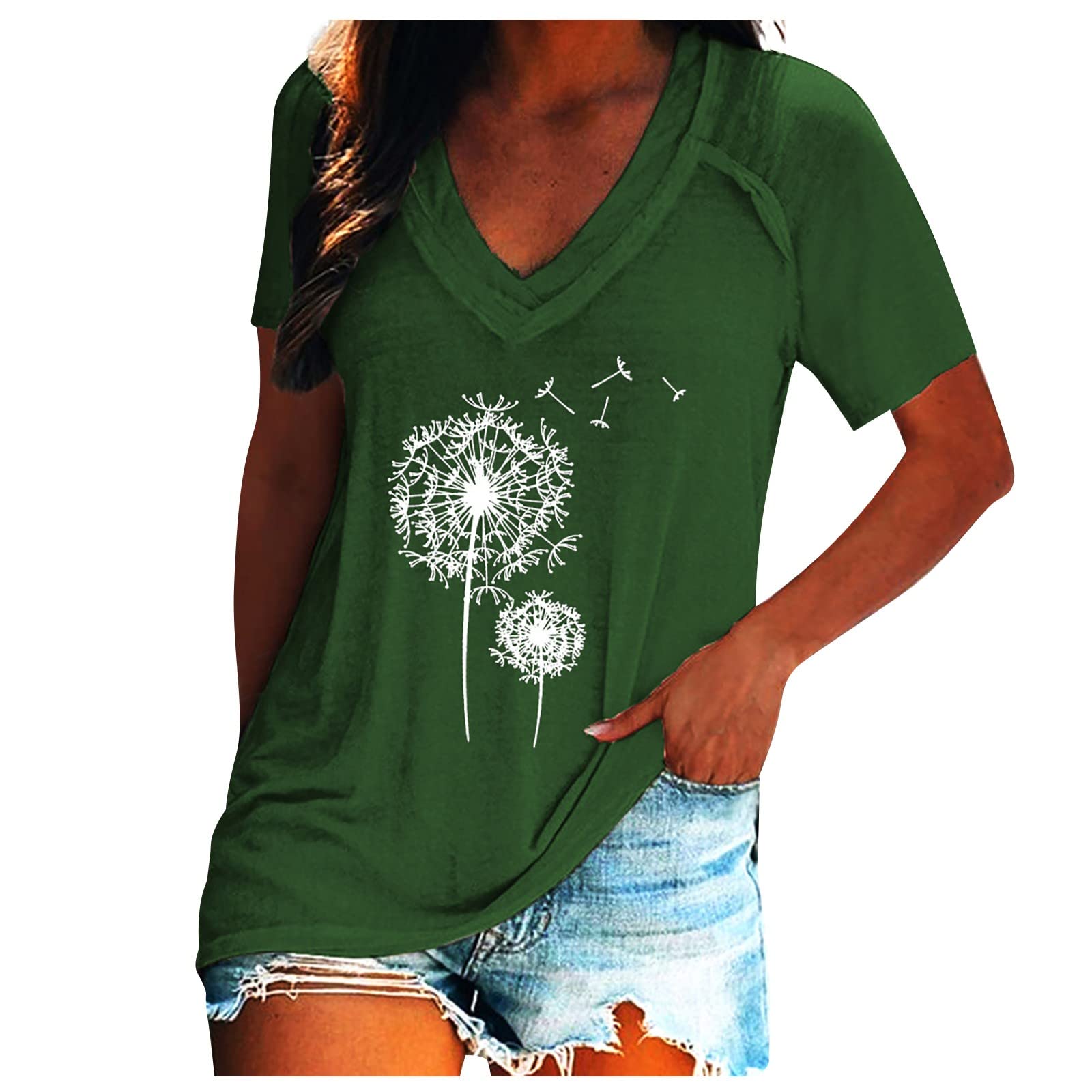 Women's V-Neck Cotton T-Shirt Pack - Casual Short-Sleeve Printed Pullover Tops for Everyday Wear (M, C-Green) | Perfect for Work, Gym & Weekend Outfits