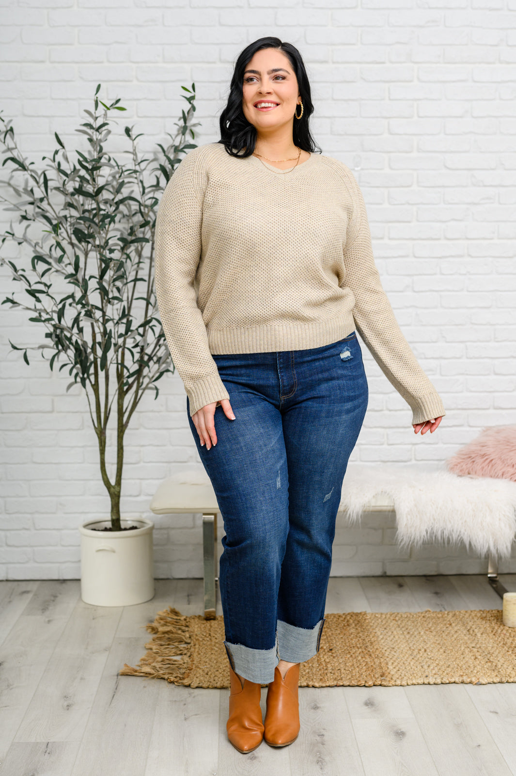 Cozy Oatmeal Chai Latte V-Neck Sweater for Women | Soft Knit Pullover | Perfect for Fall & Winter Layering, Casual Outfits, and Coffee Dates