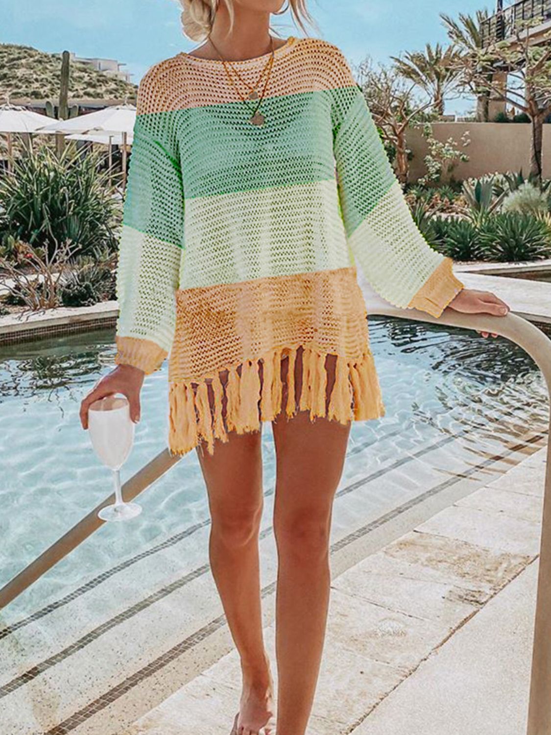 Stylish Tassel Hem Long Sleeve Knit Beach Cover Up - Lightweight Summer Swimwear Cover Dress for Women - Perfect for Poolside, Vacation and Beach Outings