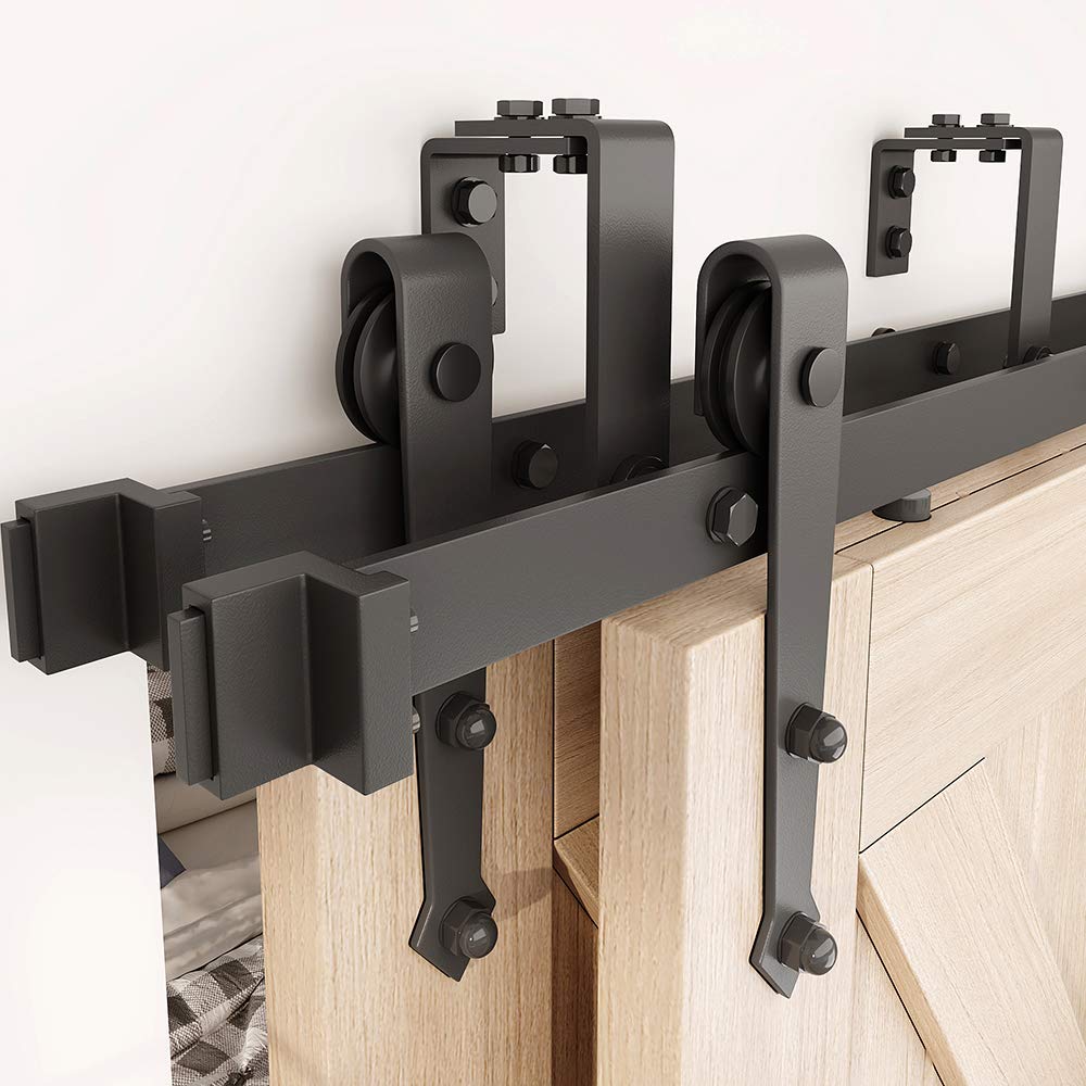 ZEKOO 12FT Double Bypass Barn Door Hardware Kit - Black Roller Hanger for Double Wooden Doors | Heavy Duty Sliding Track System | Perfect for Bedroom, Closet & Farmhouse Style Home Décor