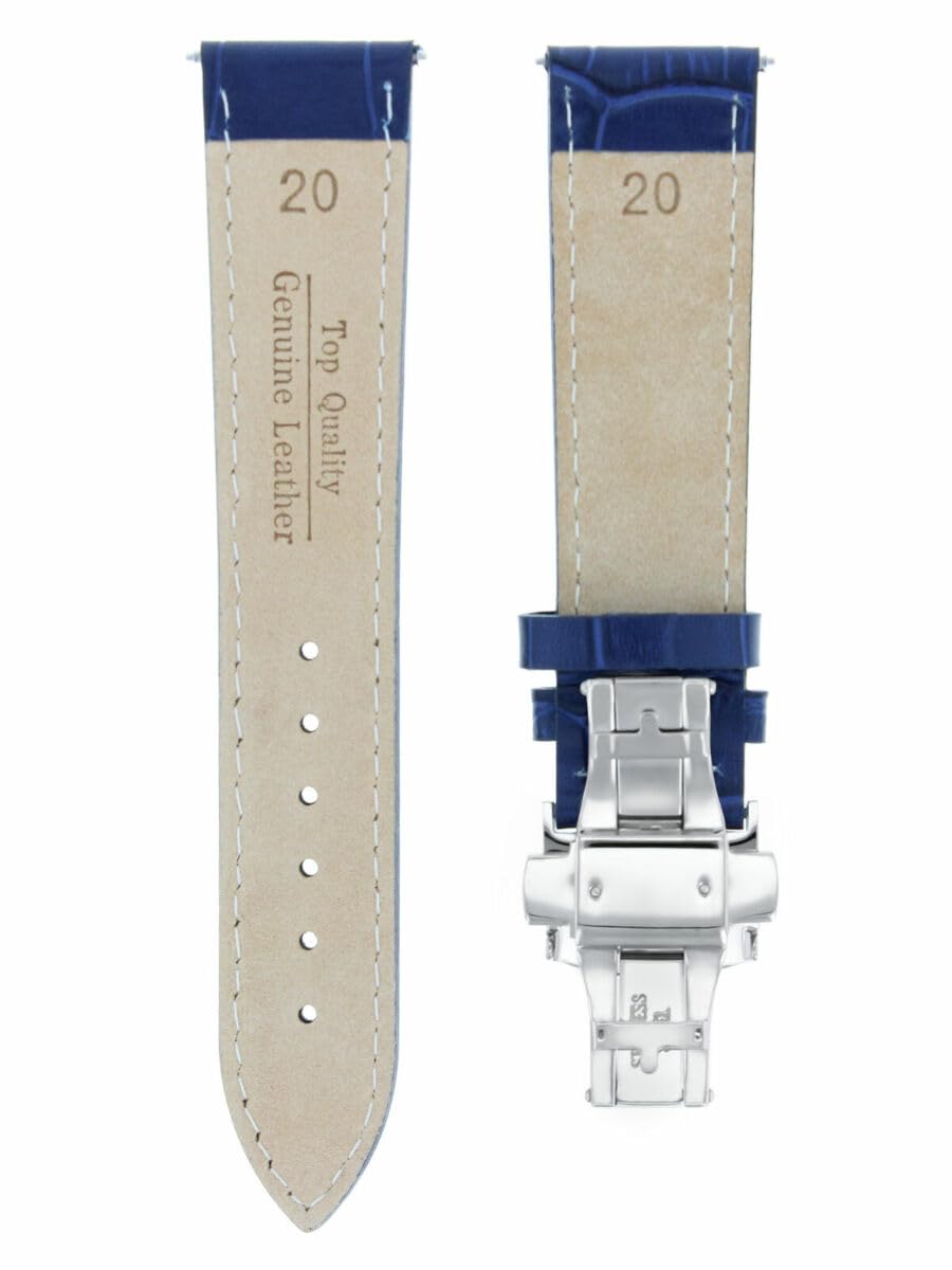 20mm Genuine Leather Watch Band Strap - Compatible with Rolex Submariner, Deployment Clasp, Blue with White Stitching - Perfect for Business, Casual & Dress Watches