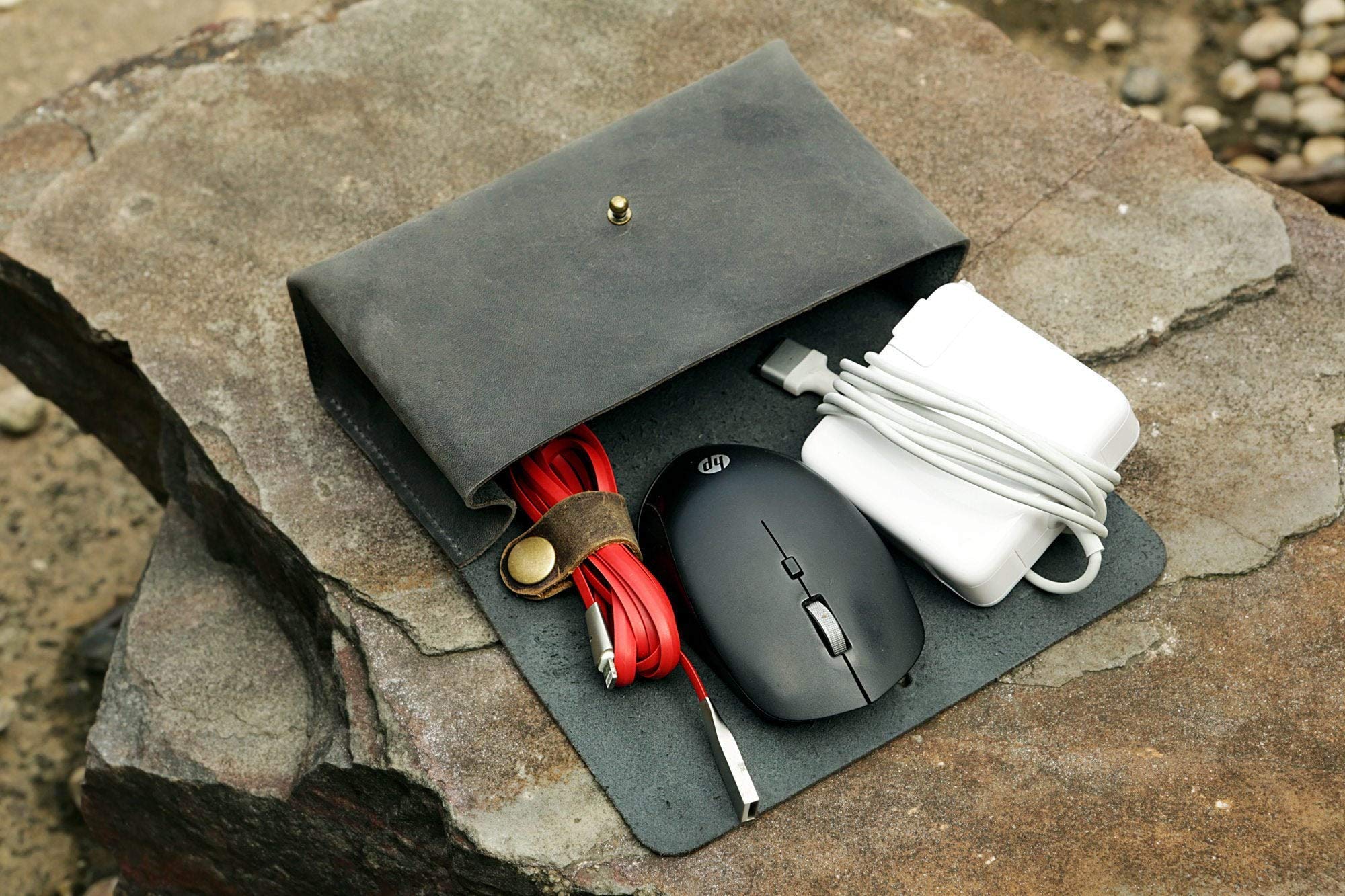 Handmade Gray Distressed Leather MacBook Charger Case Bag - Premium Laptop Cord Organizer for MacBook Pro/Air - Perfect for Travel, Office & Home Use