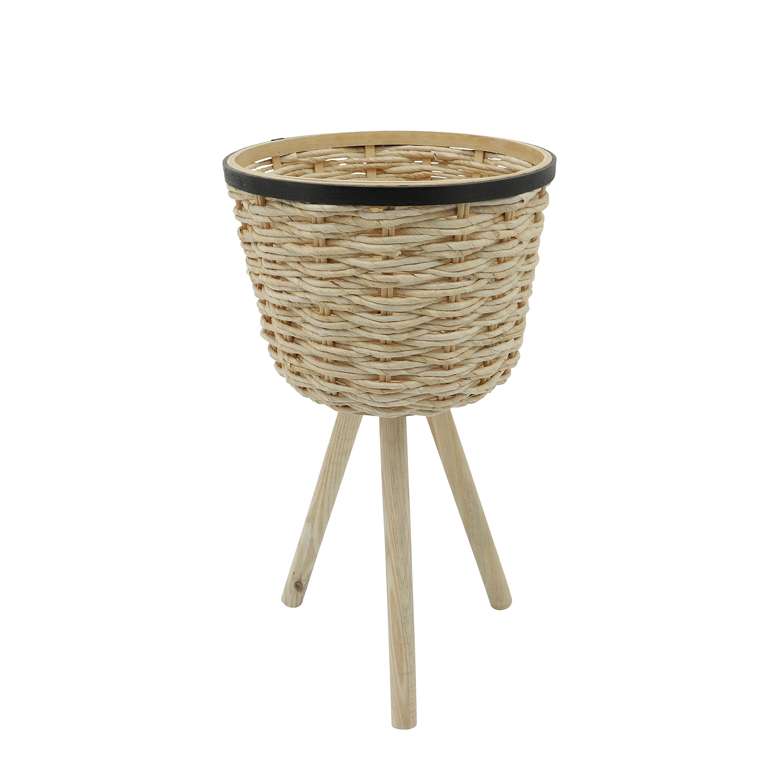 Set of 2 Modern Bamboo and Wicker Planters with Rustic Brown Texture - Indoor Outdoor Decorative Plant Stand for Home Garden Patio Balcony Decor