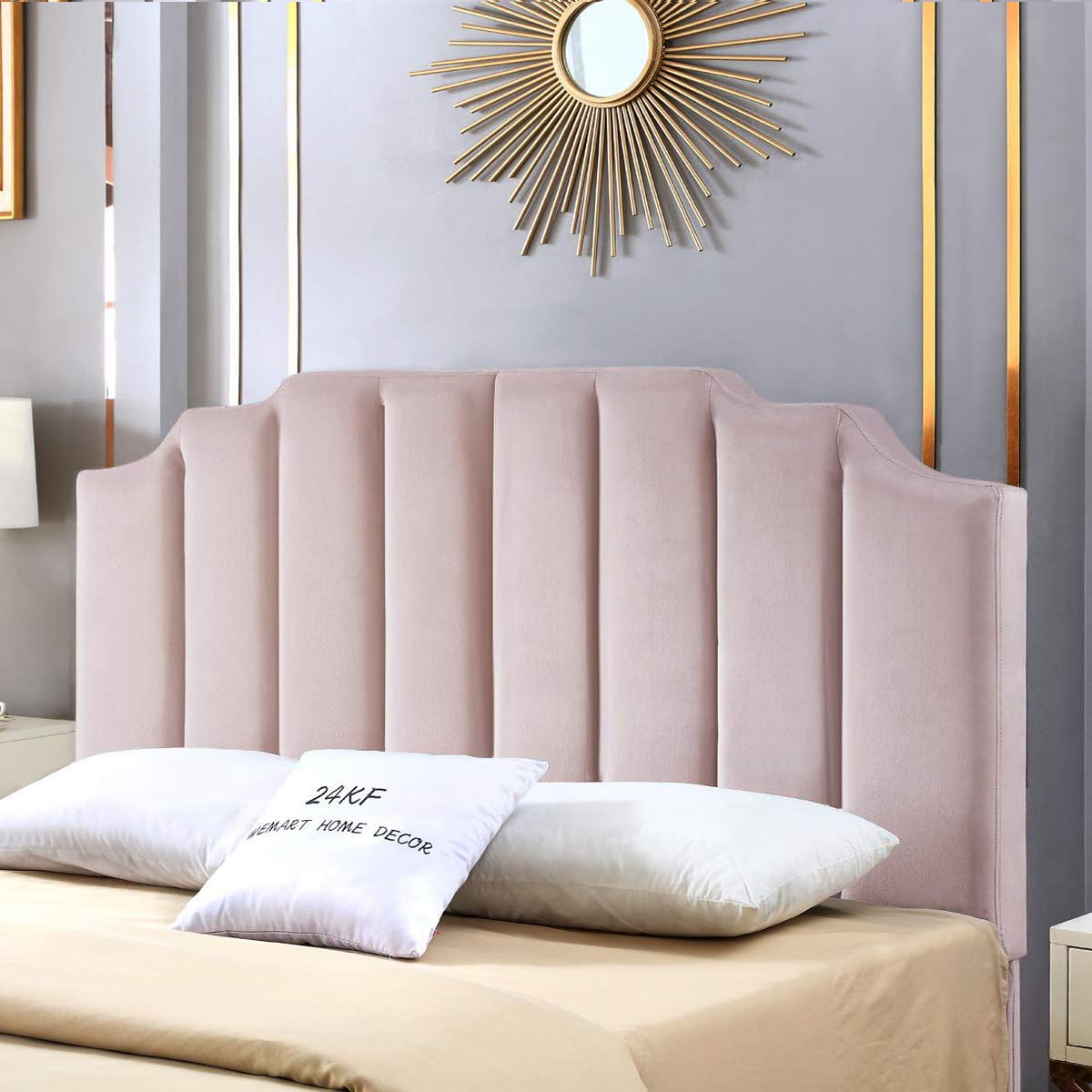 24K Gold Pink Velvet Upholstered Queen/Full Size Headboard - Tufted Bed Headboard with Modern Vertical Channel & Curved Design - Perfect for Master Bedroom, Guest Room & Luxury Home Decor (Pink)