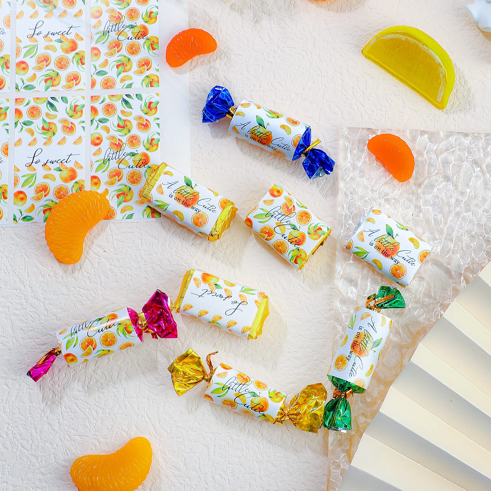 90 Pieces Little Cutie Candy Wrappers - Sweet Baby Shower Decorations, Fruit Orange Candy Stickers for Wedding, Summer Party Supplies | Perfect for Baby Showers, Birthday Parties, Bridal Showers & Candy Buffets
