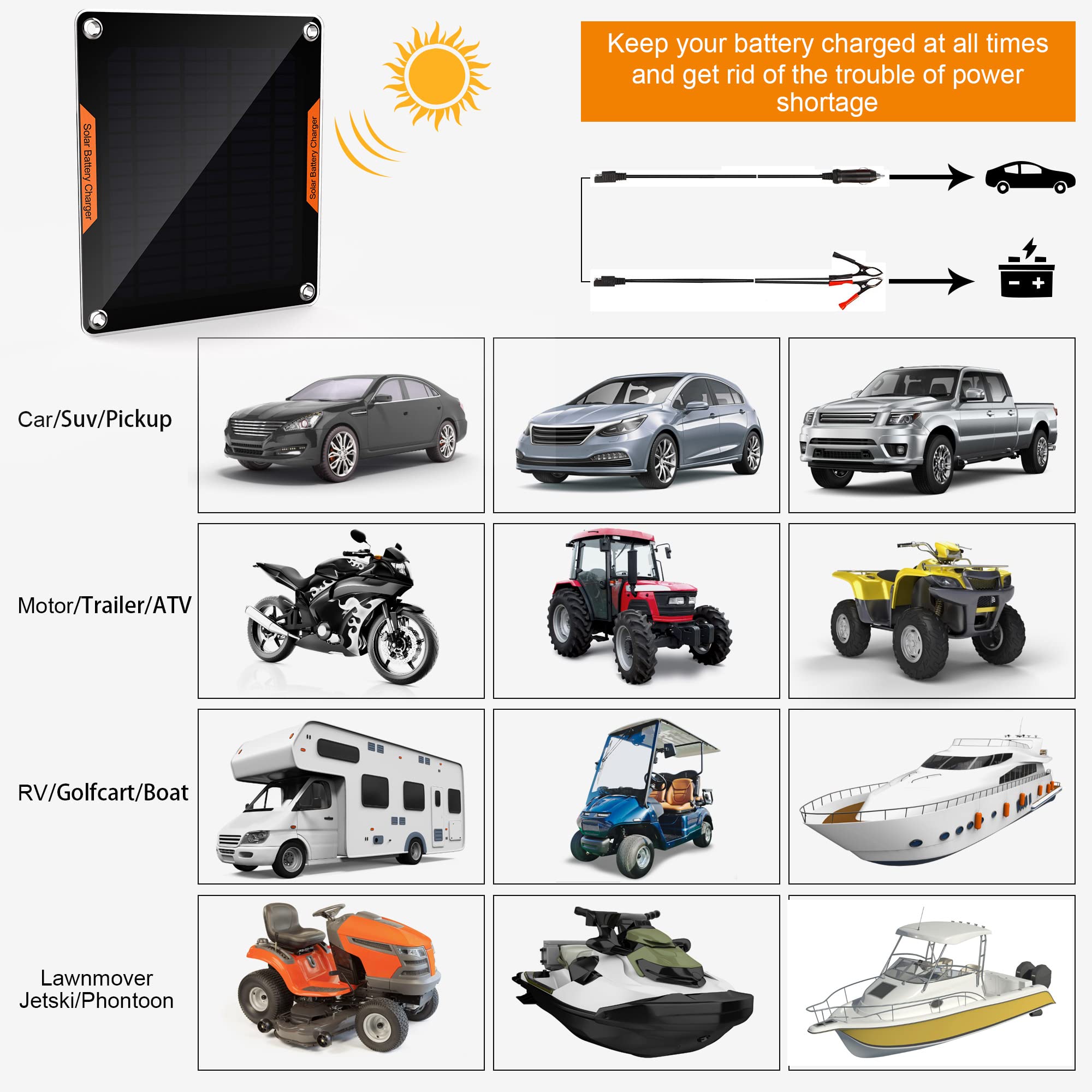 OYMSAE 5W 12V Solar Car Battery Charger - Portable Waterproof Solar Power Charger & Maintainer with Cigarette Lighter Plug & Alligator Clips - Ideal for RV, Boat, Motorcycle & Vehicle Battery Maintenance