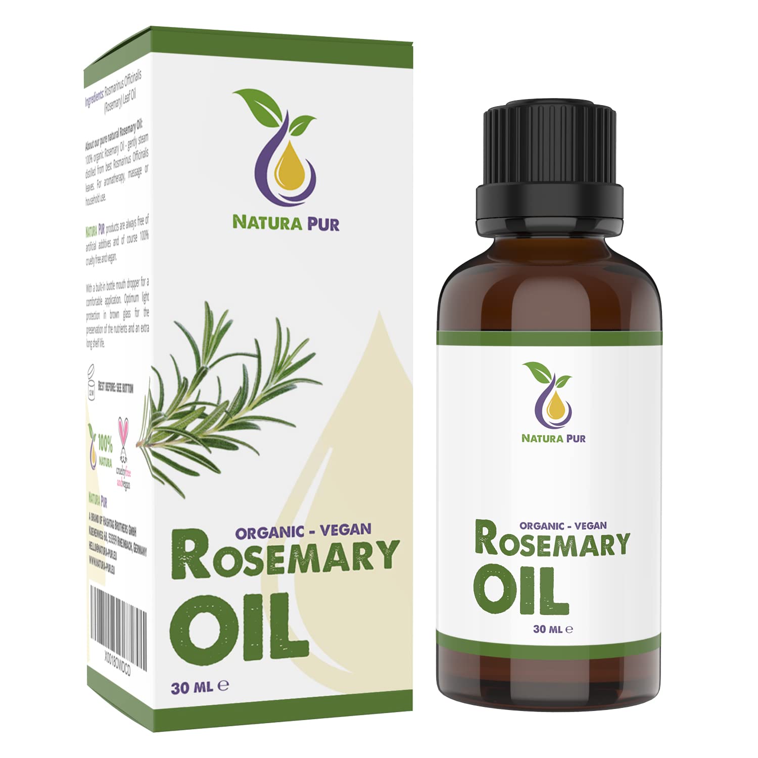 100% Pure Natural Rosemary Essential Oil 30ml - Vegan, Undiluted Rosemary Officinalis Oil for Aromatherapy, Hair Growth & Skin Care - Perfect for Diffusers, Massage & DIY Beauty Products