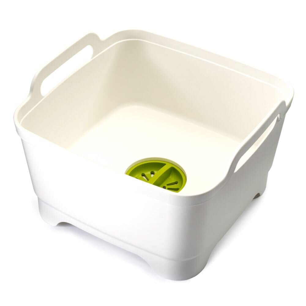 Joseph Joseph Wash & Drain Kitchen Dish Tub - 9L White Dishwashing Basin with Handles & Drain Plug - Perfect for Washing Dishes, Fruits & Vegetables in Sink