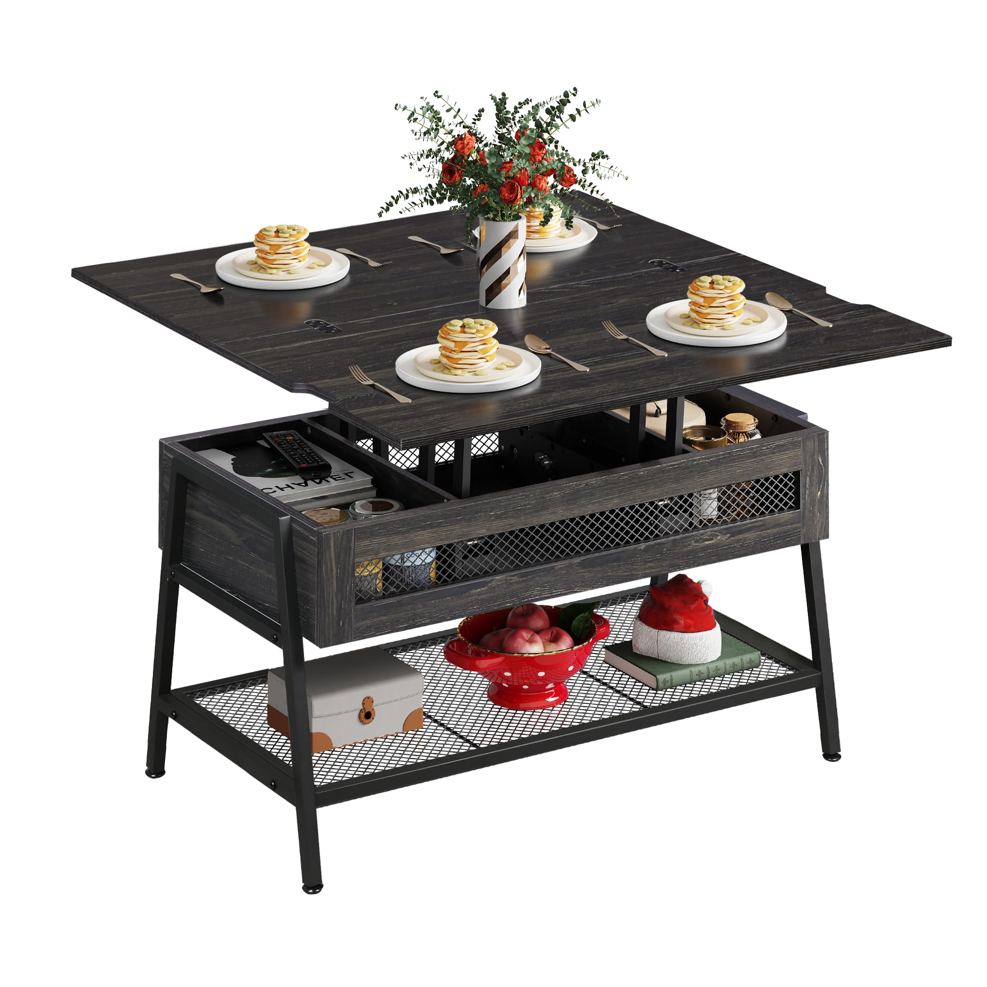 WLIVE 3-in-1 Lift Top Coffee Table with Hidden Storage | Convertible to Dining Table | Charcoal Black | Perfect for Living Room, Small Spaces & Home Office Use