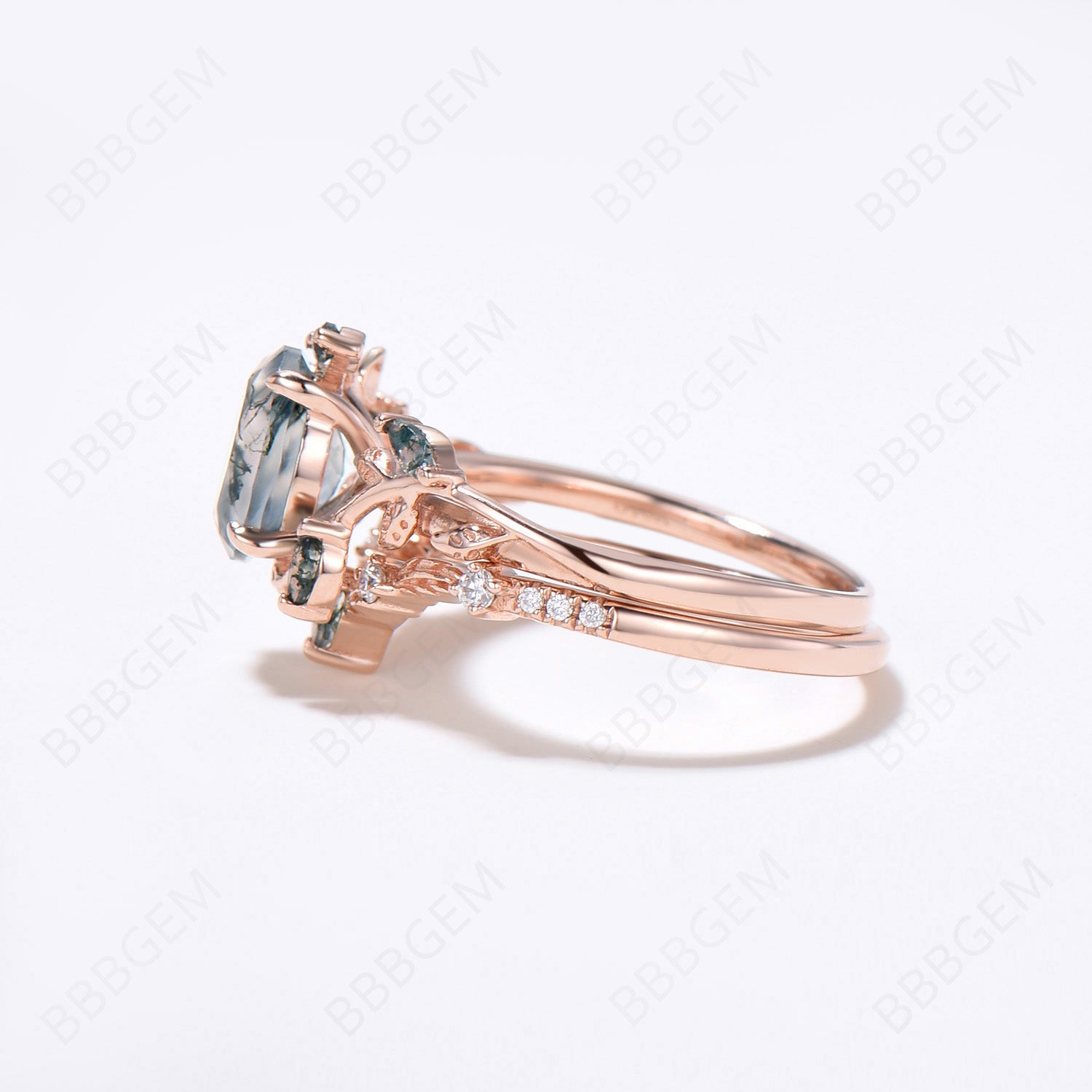 Vintage Oval Cut Green Moss Agate Engagement Ring - Rose Gold Art Deco Cluster Leaf Design, Nature Inspired Bridal Wedding Ring Set for Women | Perfect for Proposals, Anniversaries & Boho Chic Style