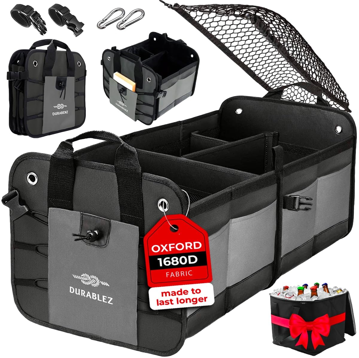 Premium Gray Classic Car Trunk Organizer with Built-in Cooler - Waterproof Storage for Road Trips, Camping & Picnics